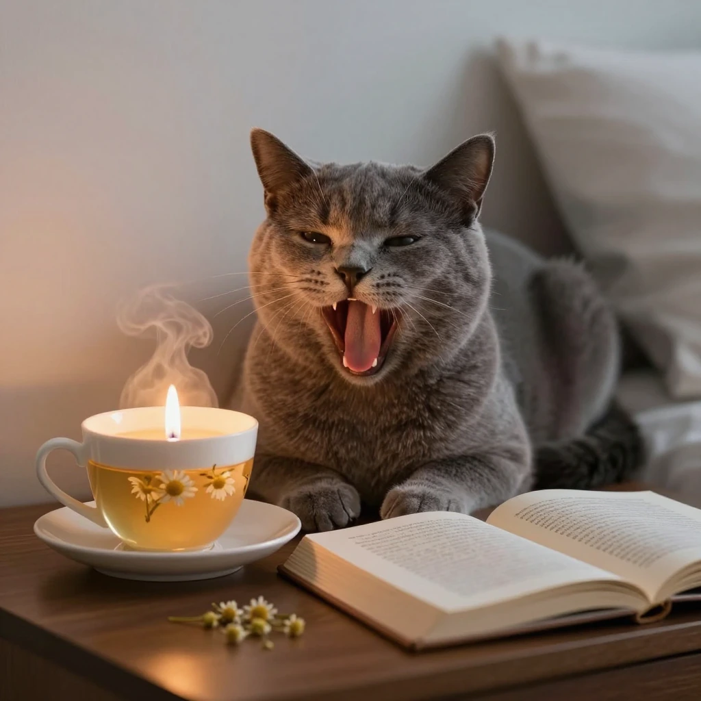 A sleepy gray cat yawning in soft candlelight beside a steaming cup of chamomile tea and an open book on a nightstand