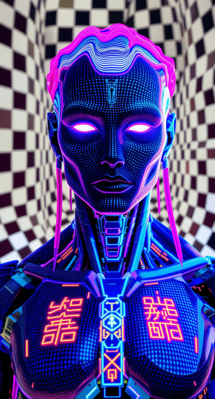Cyborg portrait, Op Art style: fractal concentric scale skin in black–deep purple–white–lavender repeating sequence creating peripheral drift illusion; hair as high-frequency sinusoidal waves in equiluminant electric blue and hot pink with no separat