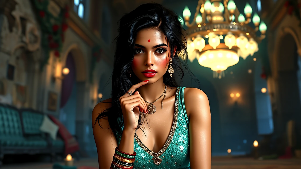 8K, Ultra-HD, Hyper-detailed, Photorealistic, Portrait image of a beautiful Indian woman with glistening sweaty skin, flushed face, messy hair, red bindi, gold mangalsutra necklace. She is wearing a mint green sequin sleeveless deep-neck blouse paire