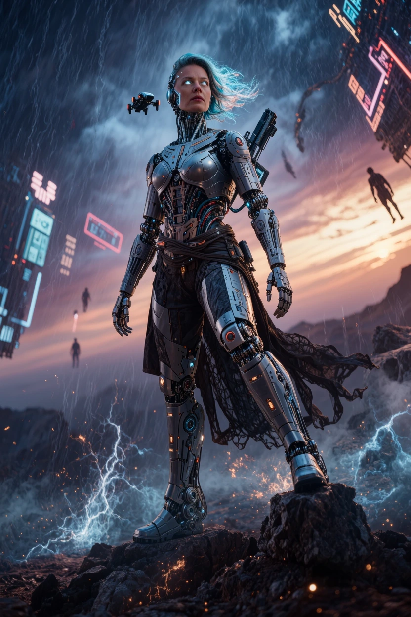 Create A futuristic female cyborg, blending organic and robotic elements. Appearance: * Body: Highly detailed, 3D model in UHD, 8K resolution. * Skin:
