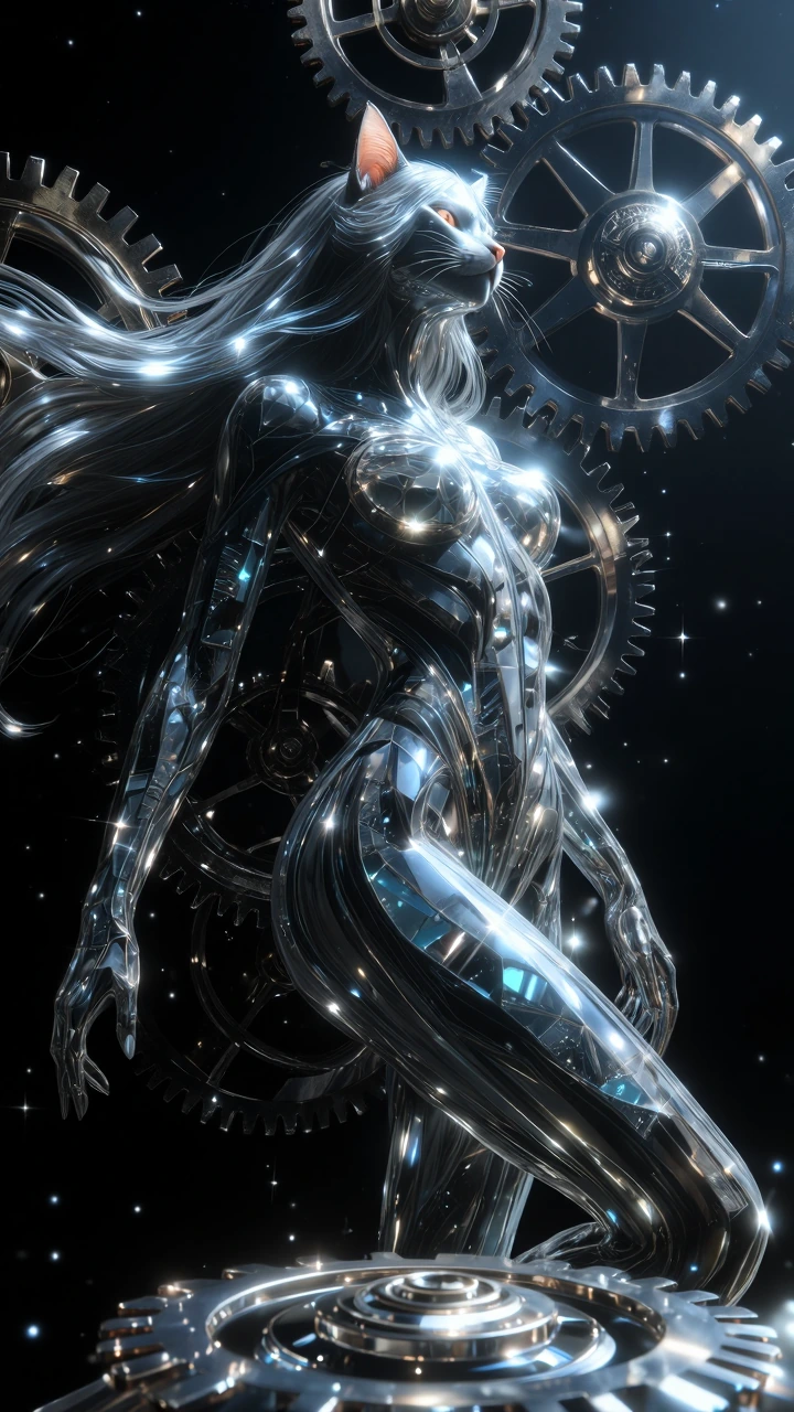 A timeless sanctuary of infinite crystal gears, where the serene spirit of a beautiful feline muse in the form of a stunningly beautiful woman with a sleek lithe, highly defined muscular and curvaceous form and long flowing hair quietly mirrors the c