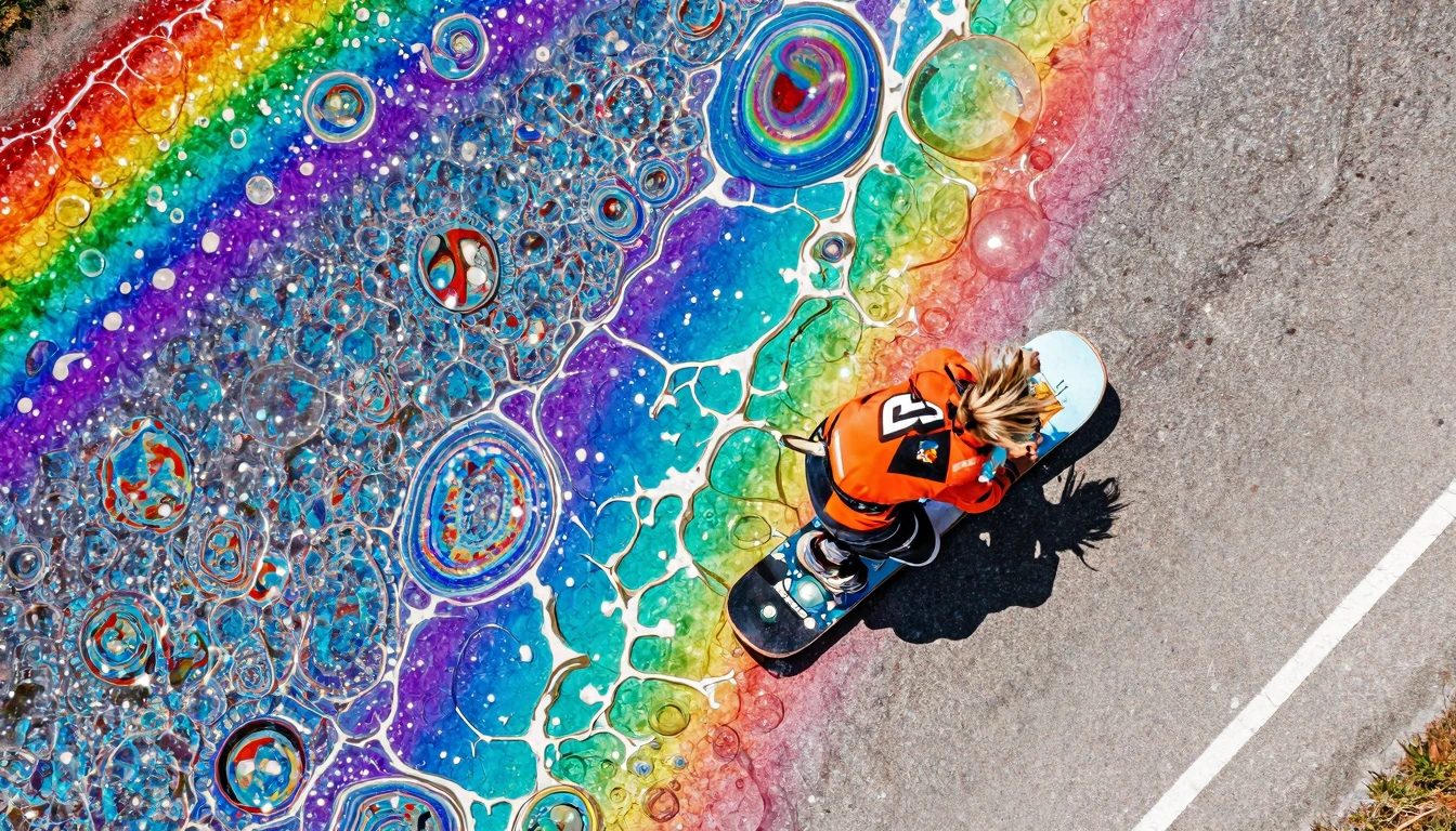 hgh-energy tracking shot follows a fierce blonde skater in orange jersey with the number "3" written on its back, racing downhill at accelerating spee