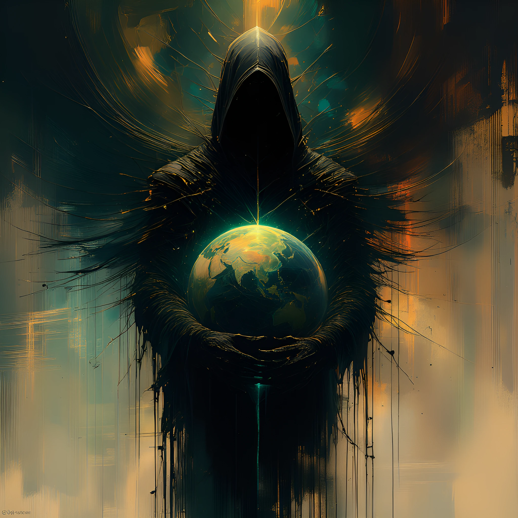 create a striking, expressive and sombre image, in the spirit of #Jules verne . Capturing the image of ‘.earth gardian "An esoteric colossus holding a
