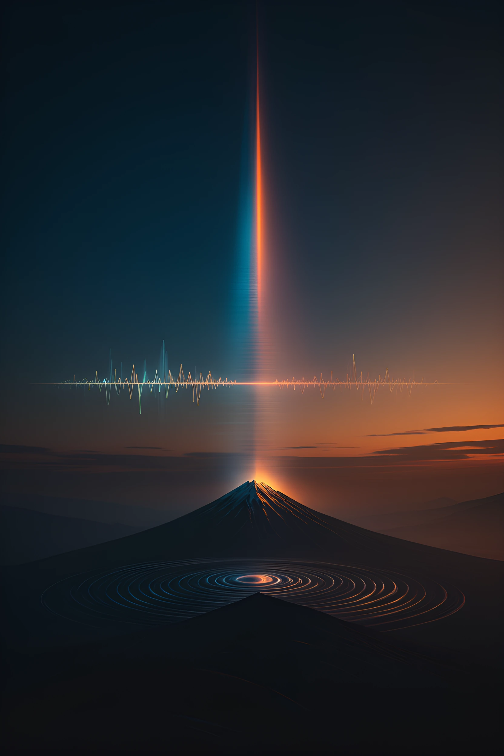 A lone mountain silhouette at dusk rendered as a sound visualization: the peak emits visible concentric rings of soft light—cyan, amber, violet—rippli