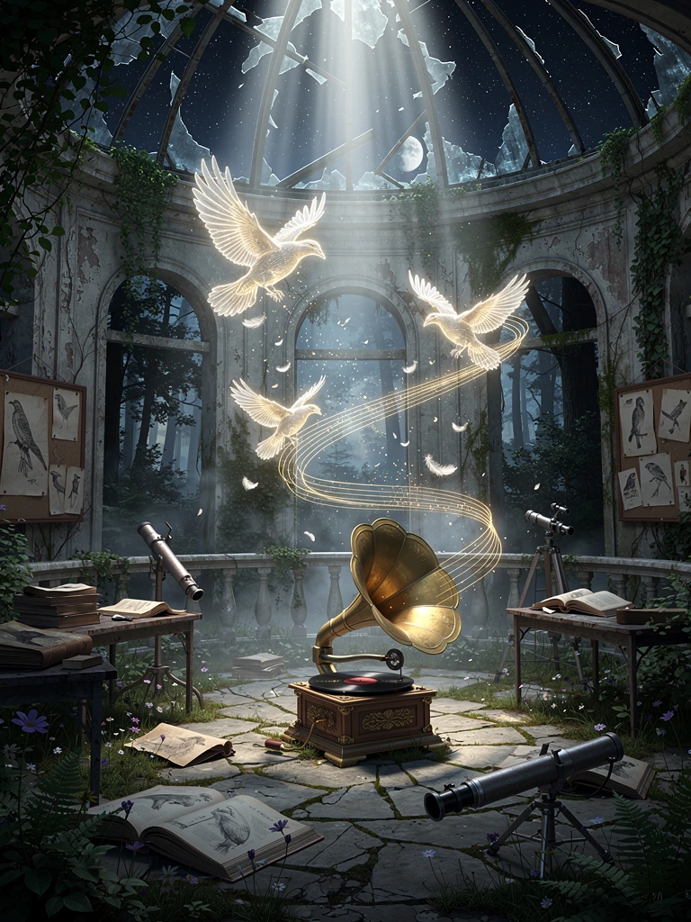 Deep within an abandoned moss-covered observatory reclaimed by nature, an antique gramophone plays the final recording of an extinct bird. Golden sound waves rise from the spinning record and transform into glowing spectral birds that gracefully circ