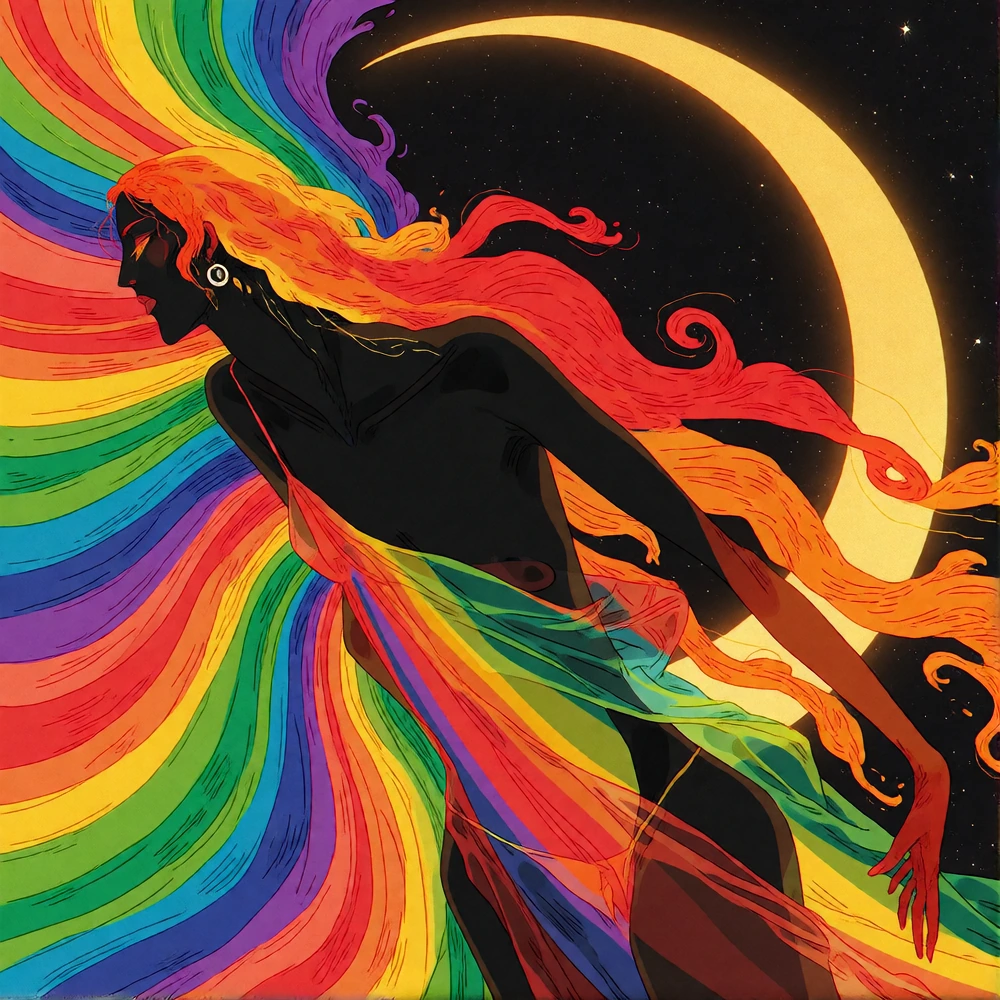 Nihei Tsutomu, A silhouette of a woman in profile, facing left with her head tilted upward, arms gracefully extended—one raised high above her shoulder while the other curves gently toward her hip—her body outlined against an explosive burst of rainb