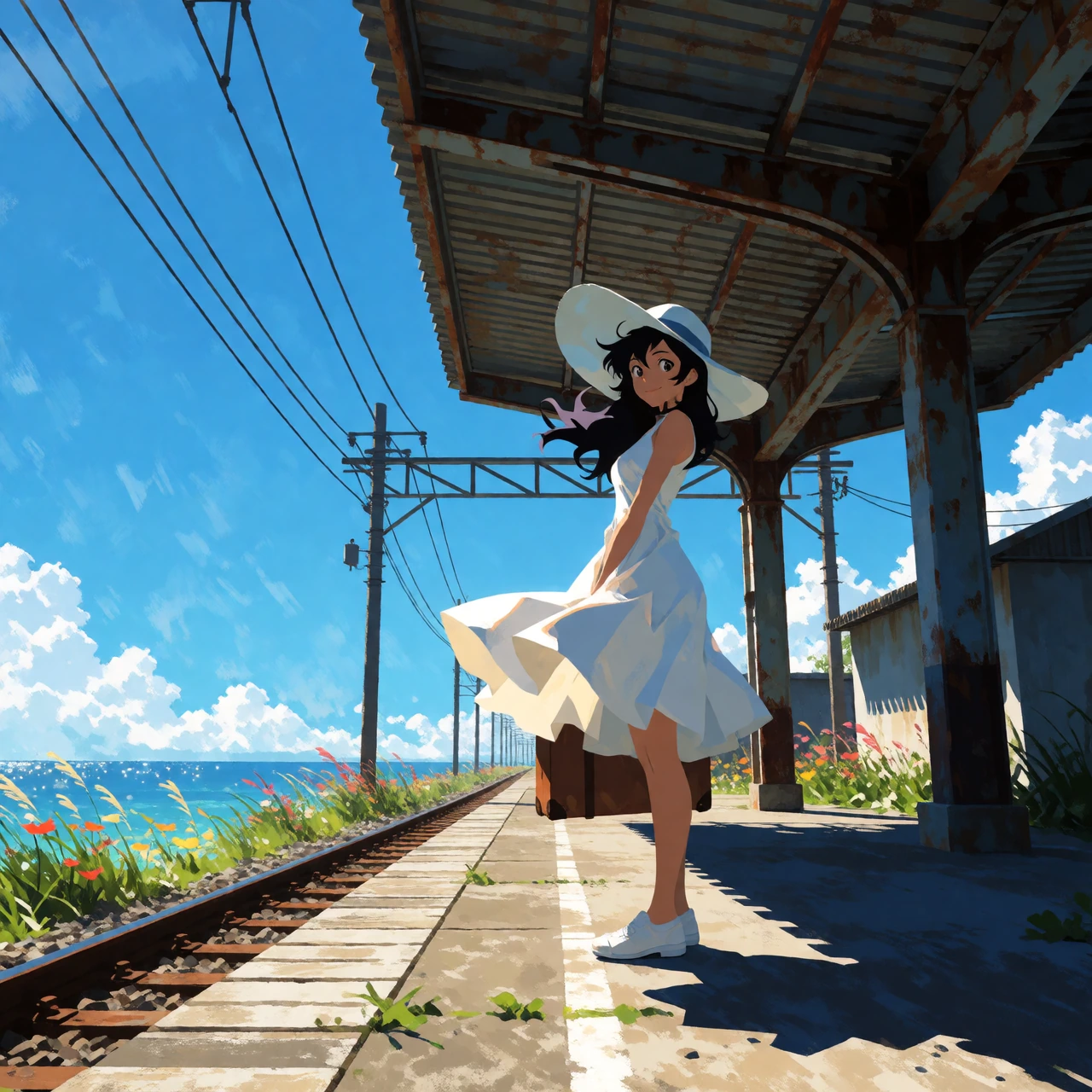 A heavily angular, 3d art style, with brush stroke color texture, GurrenLagannStyle. a woman in a white summer dress stands alone at a seaside train platform under a clear blue sky, holding a suitcase in one hand while her wide-brimmed hat flutters g