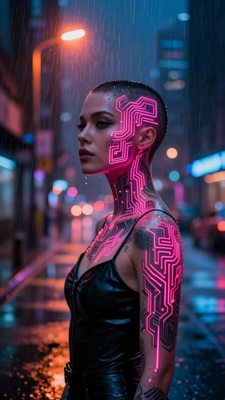 Woman with shaved head and geometric circuit-board tattoos glowing neon pink across her shoulders and collarbone, standing in heavy rain on a cyberpunk street—sodium-vapor streetlights casting sickly orange pools, neon signs reflecting wet asphalt in