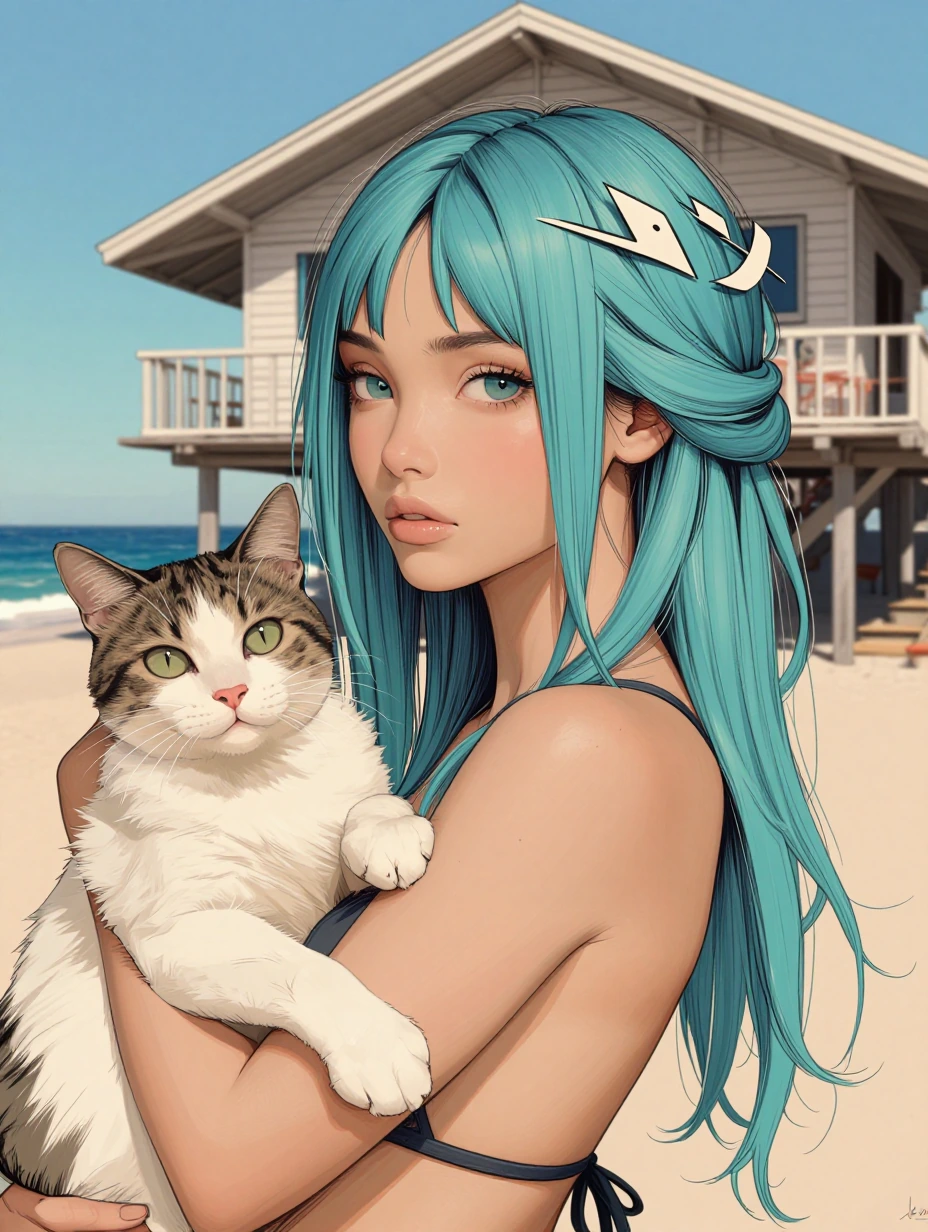 beautiful oceancore woman with ocean themed hair, cat on her shoulder, in front of a beautiful beach house, ink outlined photograph