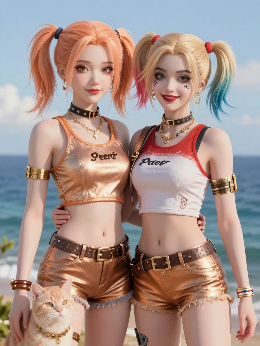 Jinx and Harley Quinn, beautiful pose, Ocean view, with a cat, realistic manga, daz3d, light orange and light bronze