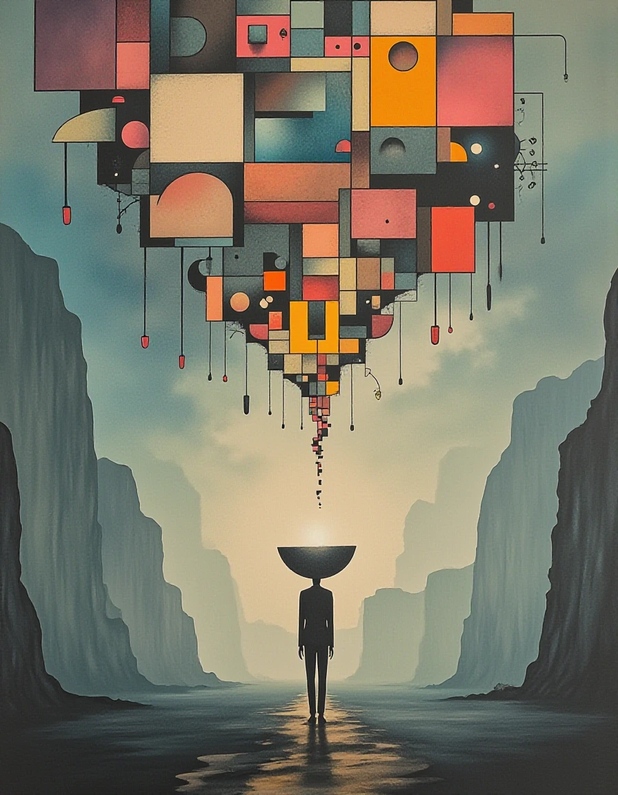 Create a surreal, abstract scene of a lone man wandering through a vast, mist‑shrouded abyss. The environment should feel infinite, empty, and disorie