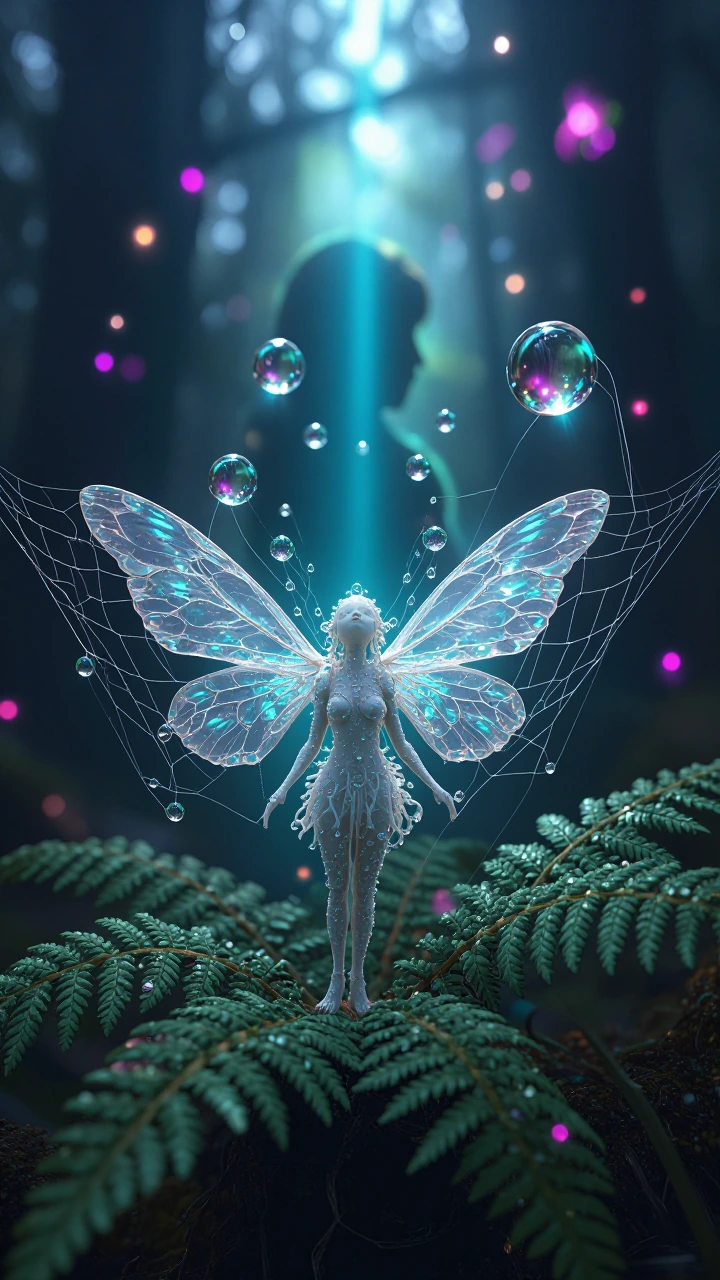 An extreme macro photograph of a bioluminescent woodland sprite emerging from a dew-soaked fern. Her body is made entirely of refractive, liquid-glass dew drops and iridescent woven spider silk. Optical illusion: the negative space of the glowing cya