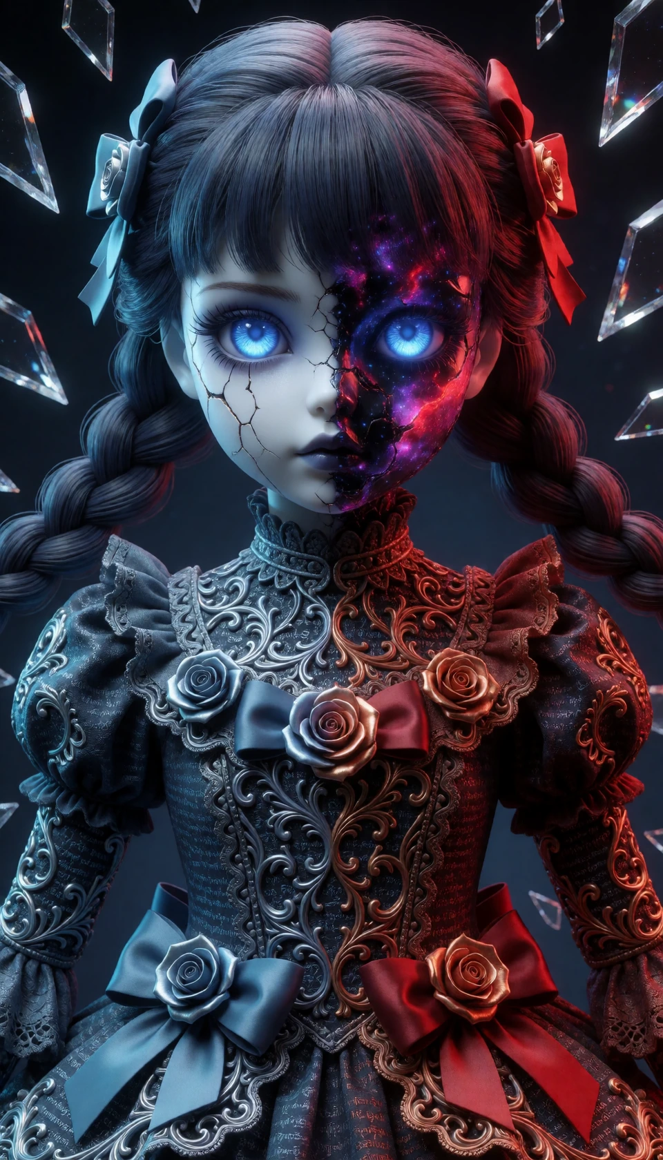 ​A hyper-detailed and unsettling porcelain doll, with braided pigtails, stands and stares directly forward. The doll's face is cracked down the center, revealing two distinct halves. The left side of the face is smooth, pale porcelain with fine crack