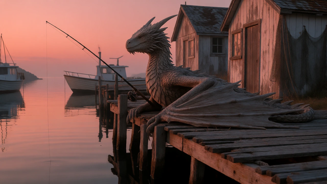 An elderly dragon with weathered scales the color of driftwood, sitting on a rickety wooden dock at dusk, a fishing rod held loosely in one clawed han