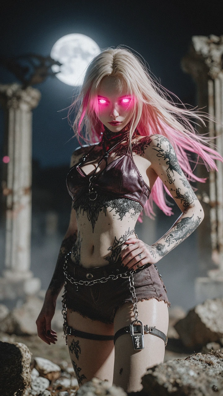 Masterpiece, best quality, ultra-detailed digital illustration, cinematic lighting, highly polished rendering, sharp clean lines, beautiful stylized proportions. Trouble Chaos standing confidently in ancient ruins at night. Long blonde hair with brig