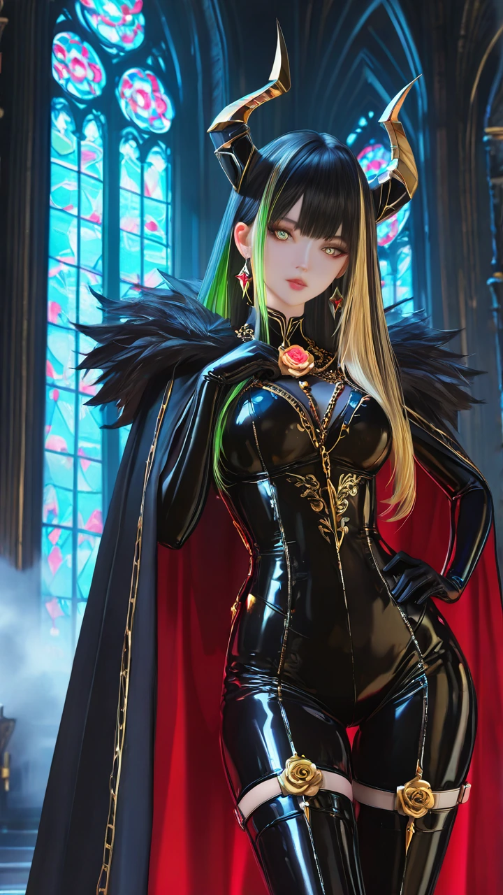 Masterpiece, best quality, ultra-detailed 8K hyperrealistic cinematic render, dramatic gothic cathedral interior at night, massive emerald-green moon visible through ornate stained glass windows, dramatic volumetric lighting with rose gold highlights