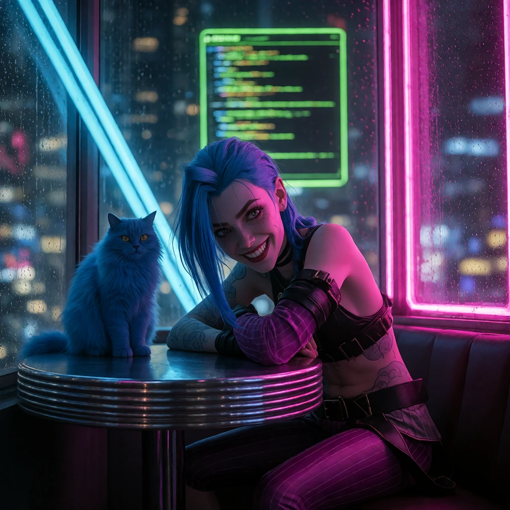 Jinx hunched at a chrome dive bar table in a haze of cyan and magenta neon volumetric fog, electric blue and hot pink hair wild and matted, manic grin splitting her face, muscular tattooed arms catching hard neon glare. Her fluffy blue cat perches be