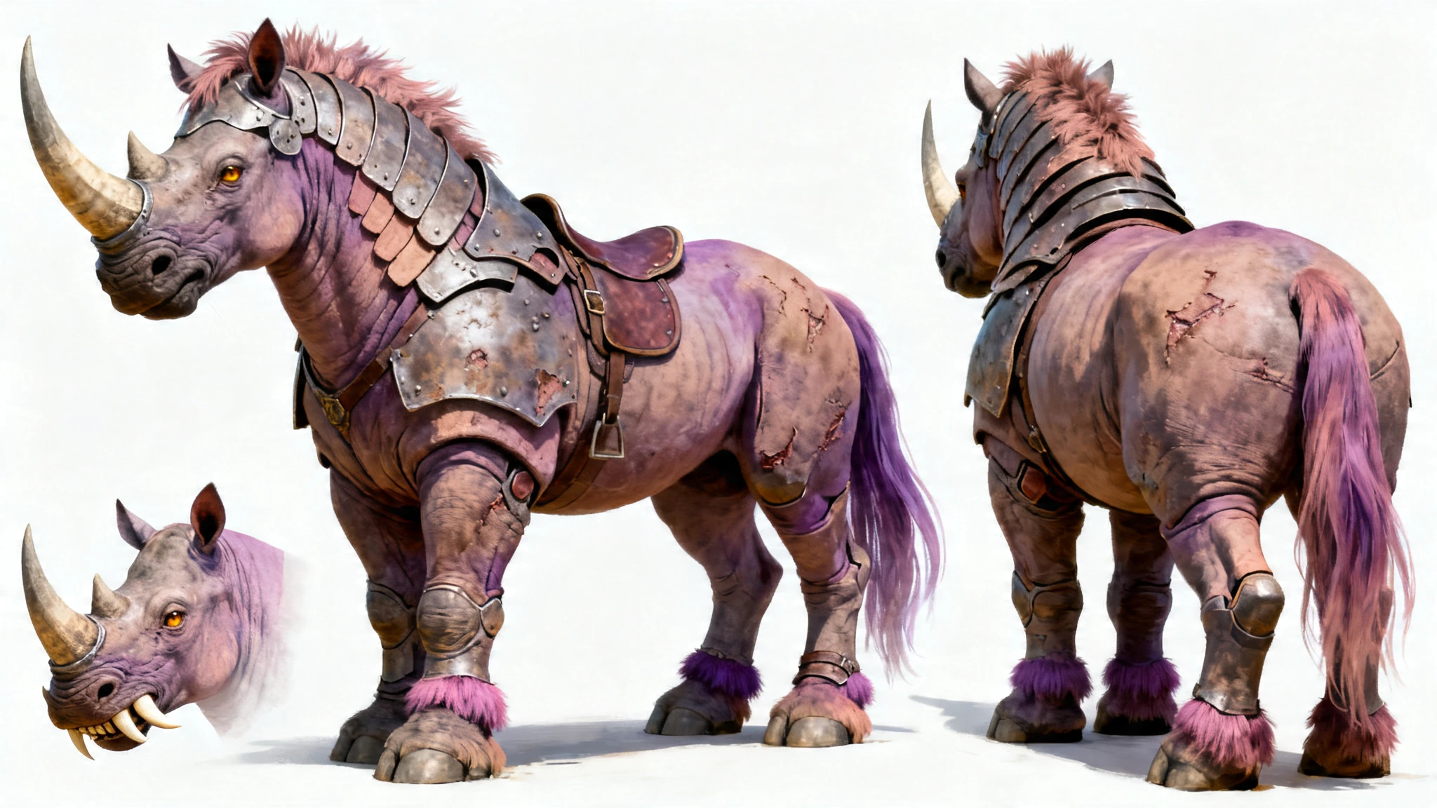 photorealisitc. character design sheet, white background, orthographic reference views, front view, back view, left side profile, right side profile, close-up head detail, exotic hybrid creature between a horse and a rhino, quadruped war mount, power
