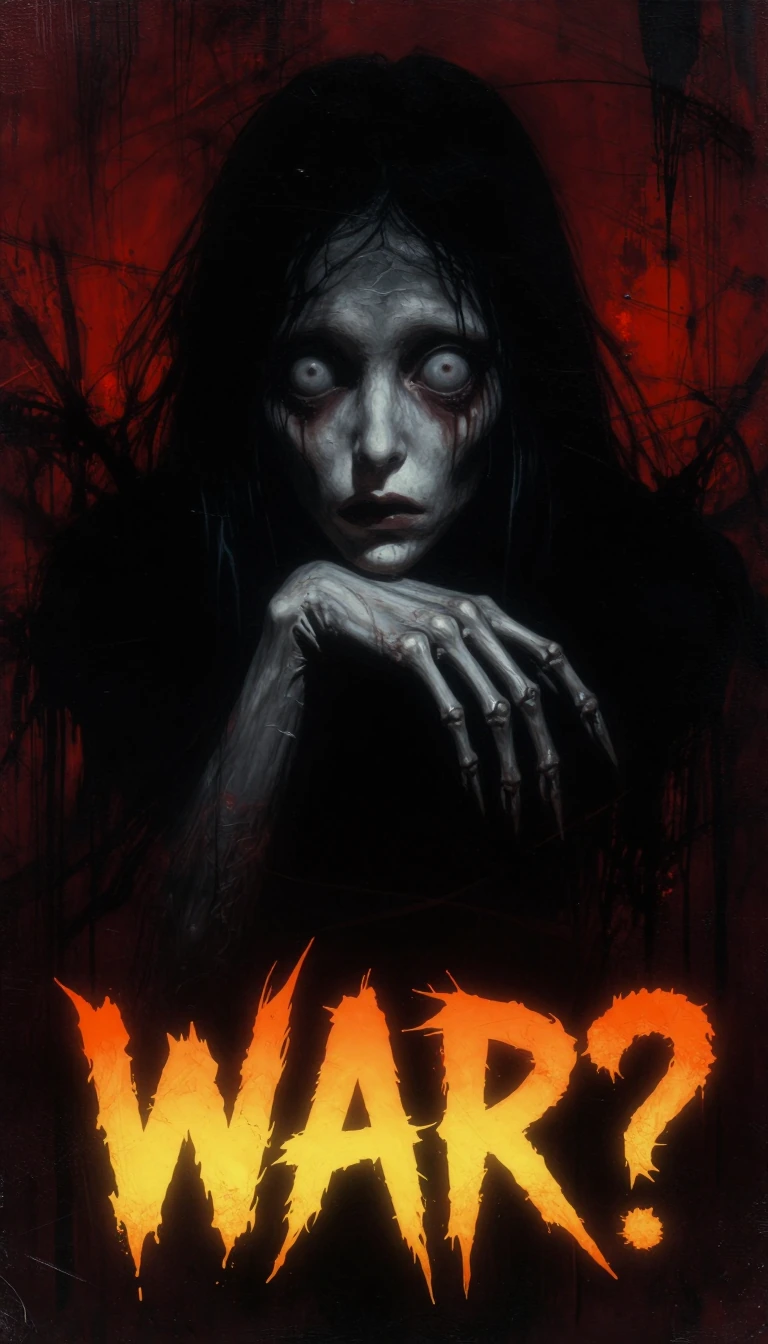 An intensely disturbing and expressive dark art portrait, rendered in a textured, expressionistic mixed-media style, similar to image_1.png. The central figure is a creature with pale, textured skin, featuring massive, wide, hypnotic, staring eyes th