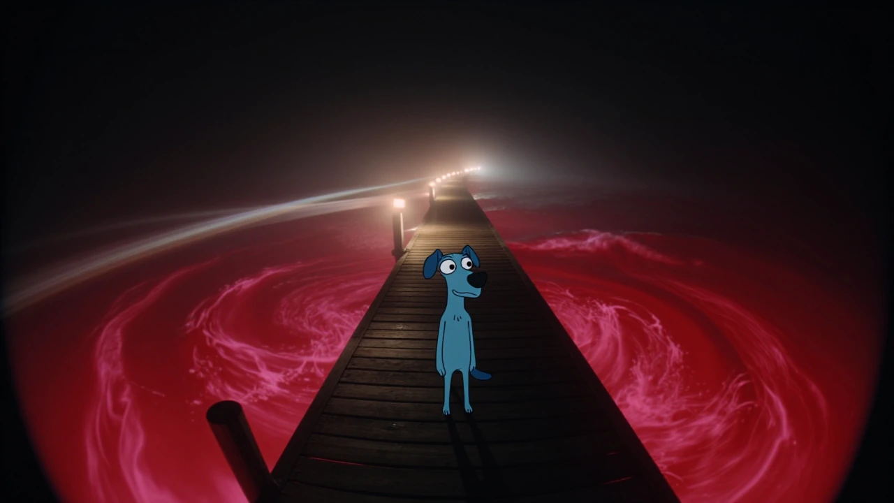 Cinematic high angle fish eye keyframe, auteur cinematography with high studio production value. A liminal foggy night pier stretching into an almost pitch-black void. The sky is completely black and empty, creating a sense of infinite nothingness. T