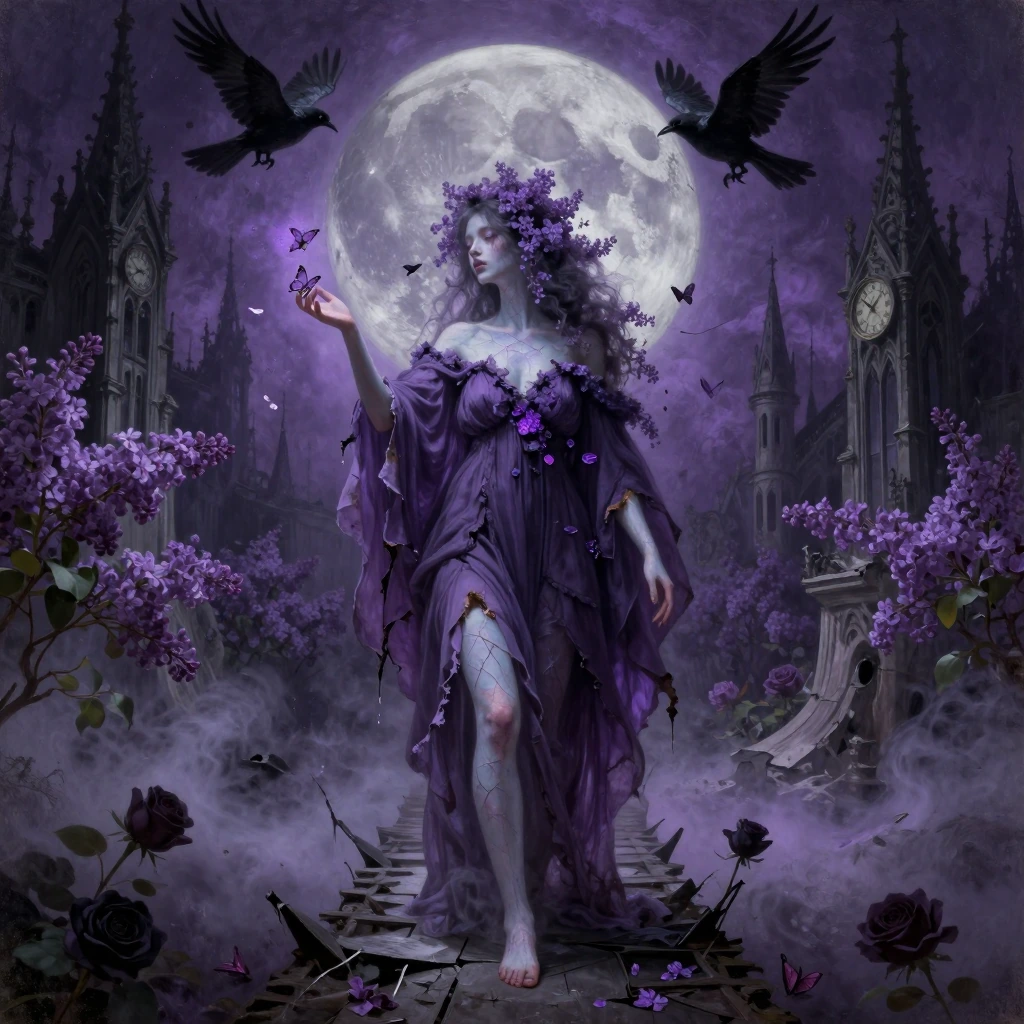 An ethereal and enchanting figure emerges from a fractured, dreamlike landscape — the ‘Lilac Dreamwalker’ — a tall, androgynous figure draped in cascading robes of deep purple and muted lilac, frayed at the edges like burnt parchment. A vortex of blo