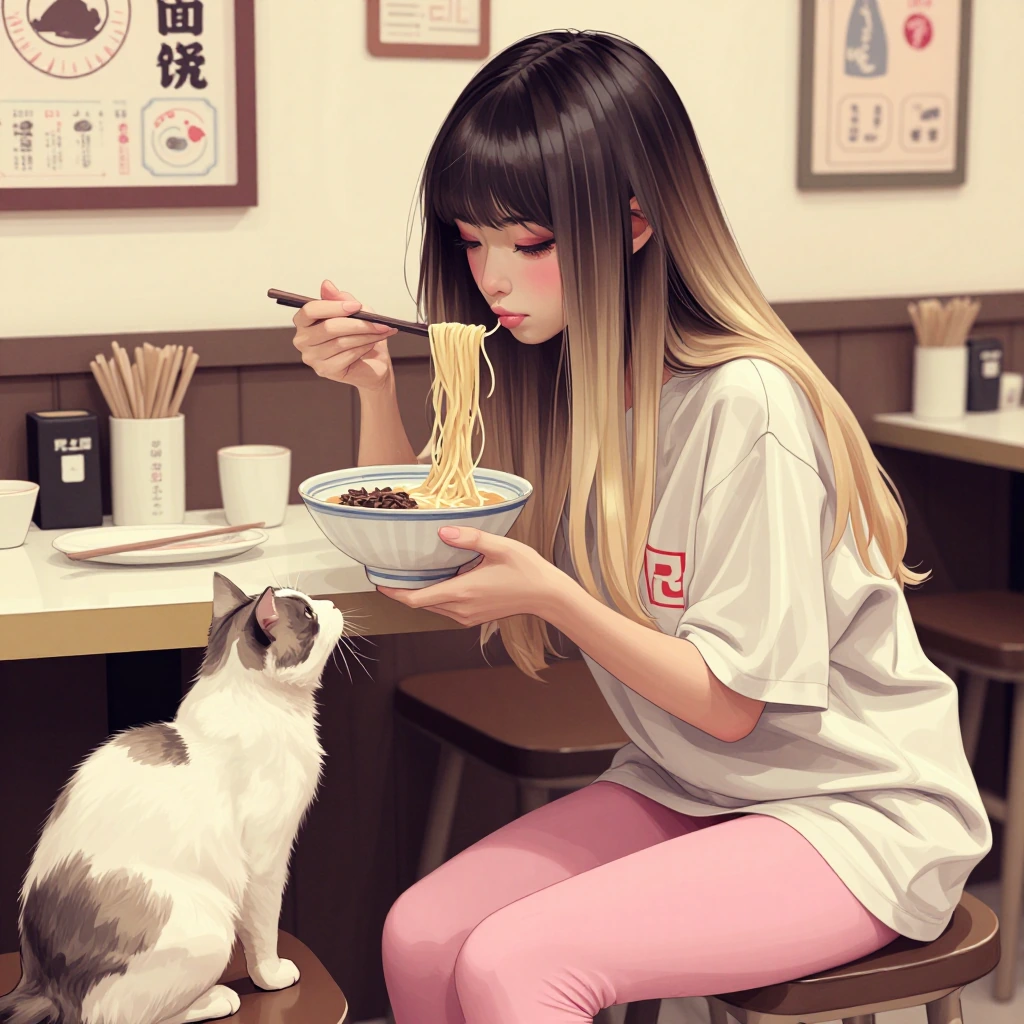 A beautiful woman with long straight ombre hair in springtime colors, at a ramen cafe with a cat, watercolor manga style, beautiful pose. Oversized t shirt and pink leggings. she's eating the ramen with chopsticks and feeding it to her cat.