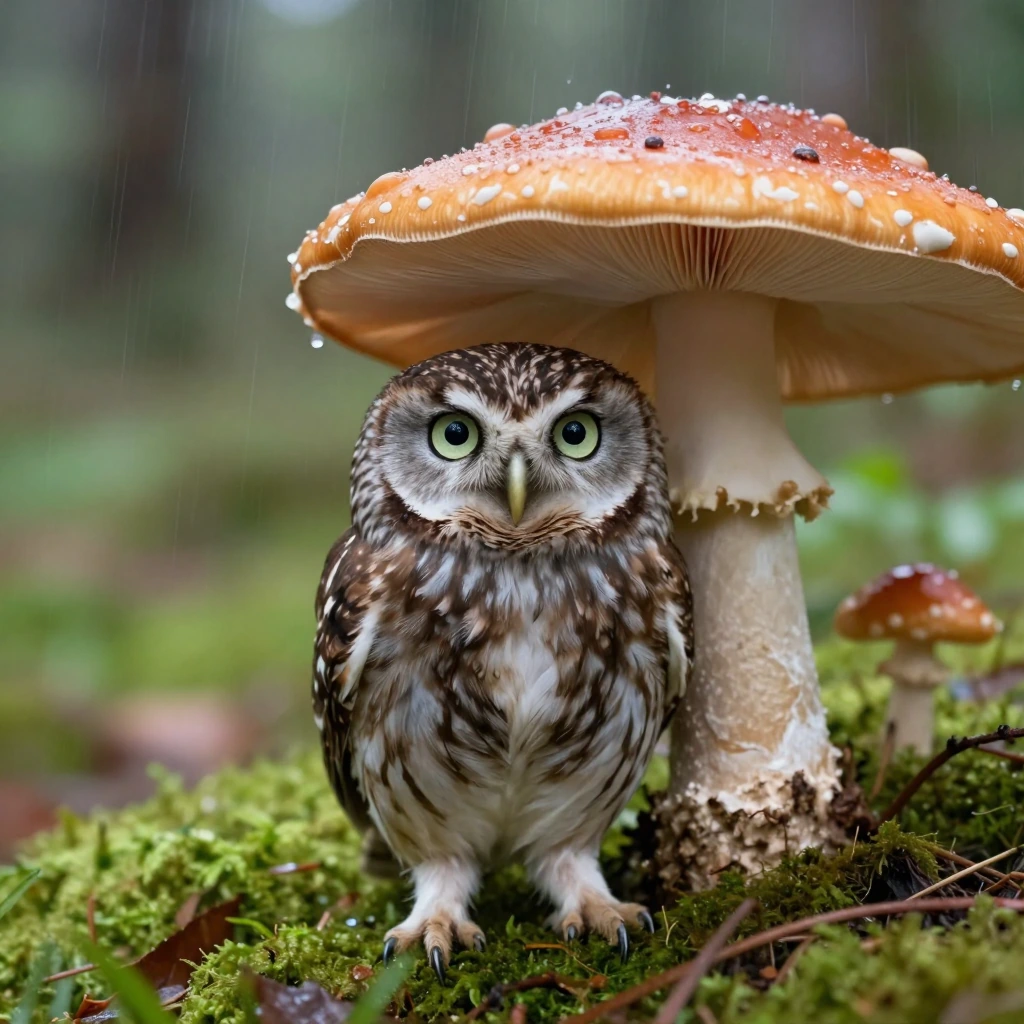 Photorealism a small owl stands on a mossy forest floor, sheltering under a large orange mushroom like an umbrella as rain falls around it. Its bright eyes stare forward, giving it a calm yet curious expression in the soft, green woodland setting. gi