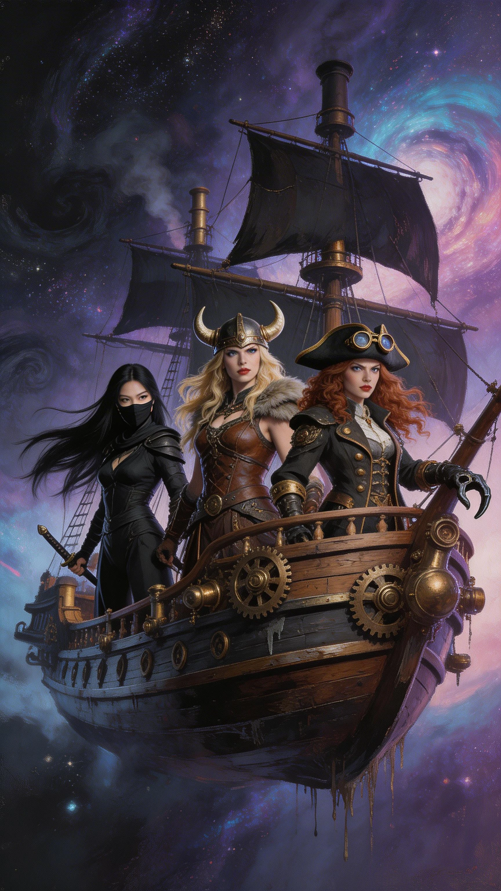 Art purifies our souls from the dust of everyday life... and it is from this reflection that we create a shocking, expressive and dark image in the spirit of #Jules Verne. A majestic flying pirate ship. On deck, three women. A ninja, with Asian featu