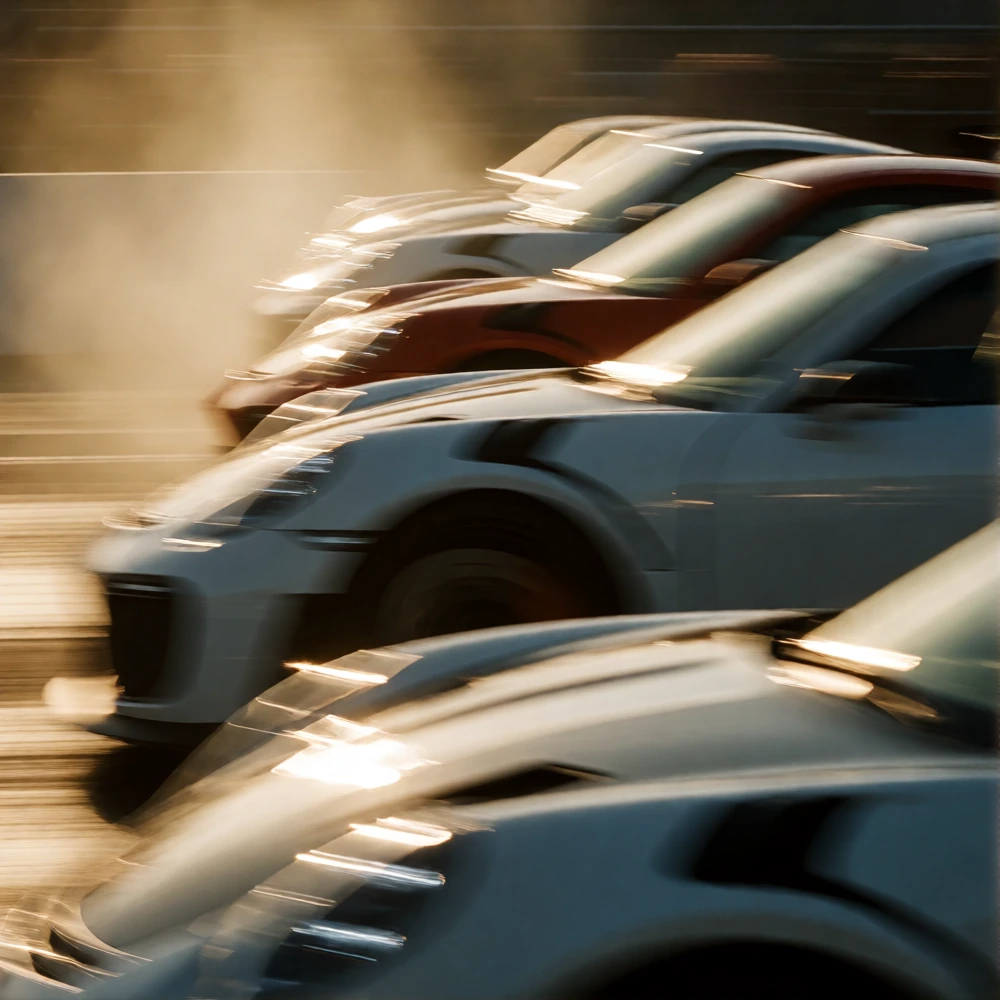 Row of Porsche 911 GT2 RS models lined up at the starting line of a drag strip at dusk, shot from low angle through the windshields in a single continuous motion-blur pan, capturing the drivers' focused faces as streaked vertical bands of intensity, 