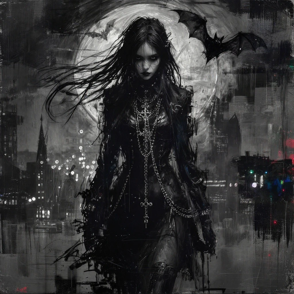 # Gothic Silhouette A striking black-and-white portrait captures a figure shrouded in darkness against a luminous circular backdrop. The subject wears an all-black ensemble—sleek jacket and skirt—adorned with delicate silver chains cascading down the