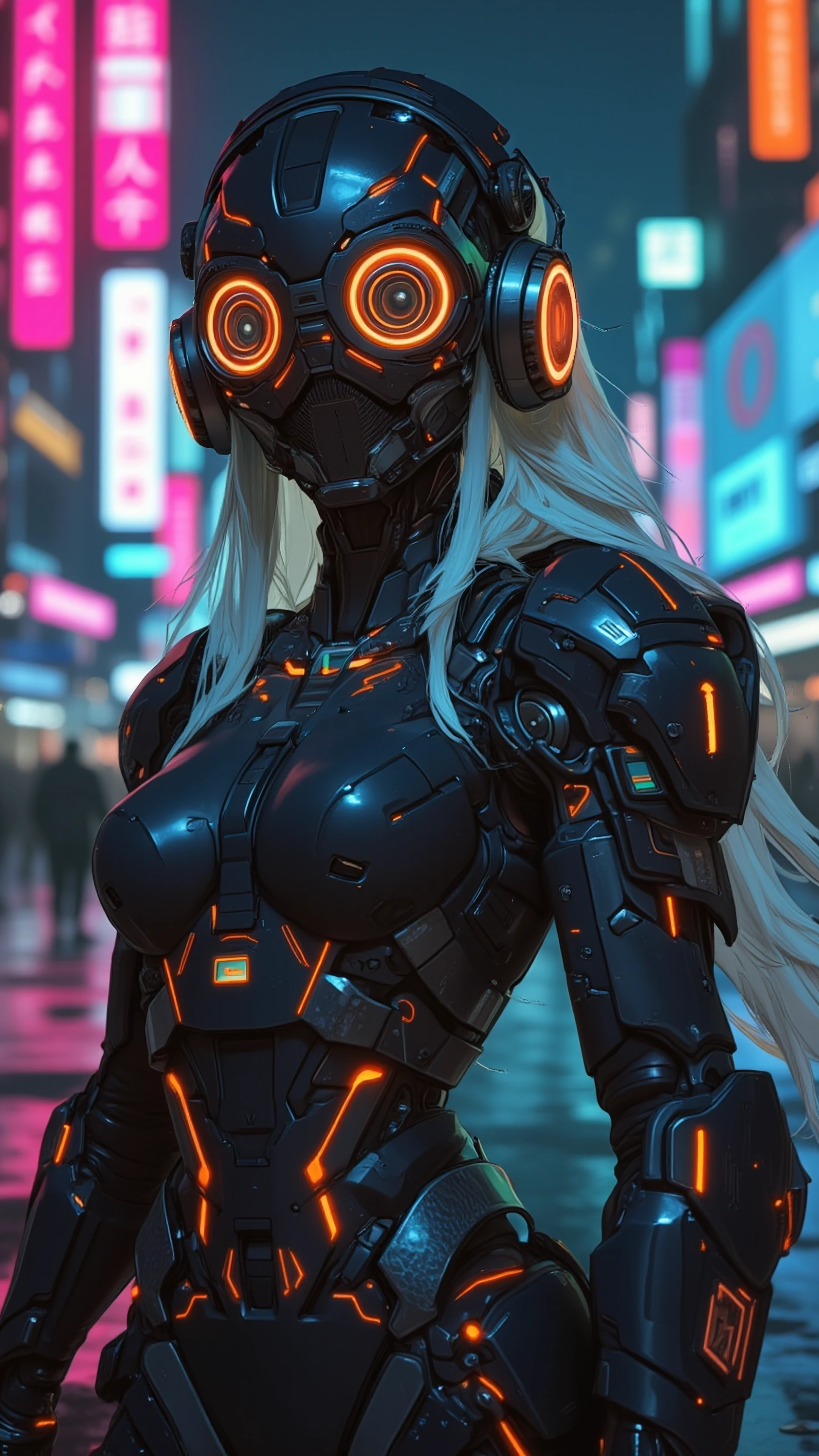 Futuristic cyberpunk character portrait, centered mid-shot, wearing an advanced high-tech helmet with oversized circular orange-lit visors (glowing concentric rings) and large intricate techno headphones on both sides, dark tactical suit in black/dee