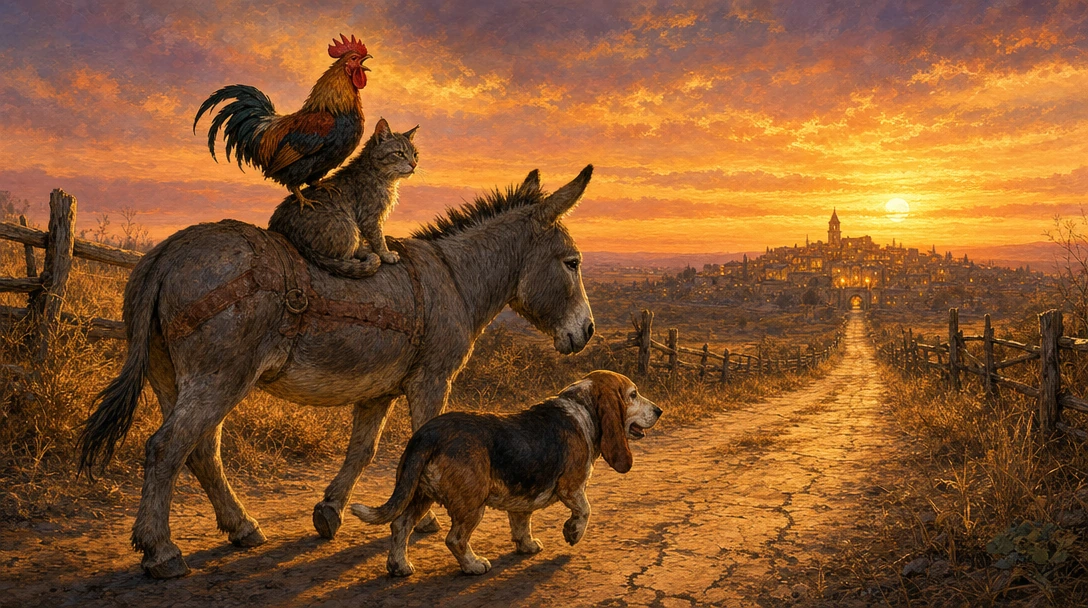 Four aging farm animals walking together down a dusty country road at golden hour, heading toward a distant glowing town on the horizon. The donkey leads with a worn leather harness mark still fading on his grey coat, head held with quiet dignity. Th