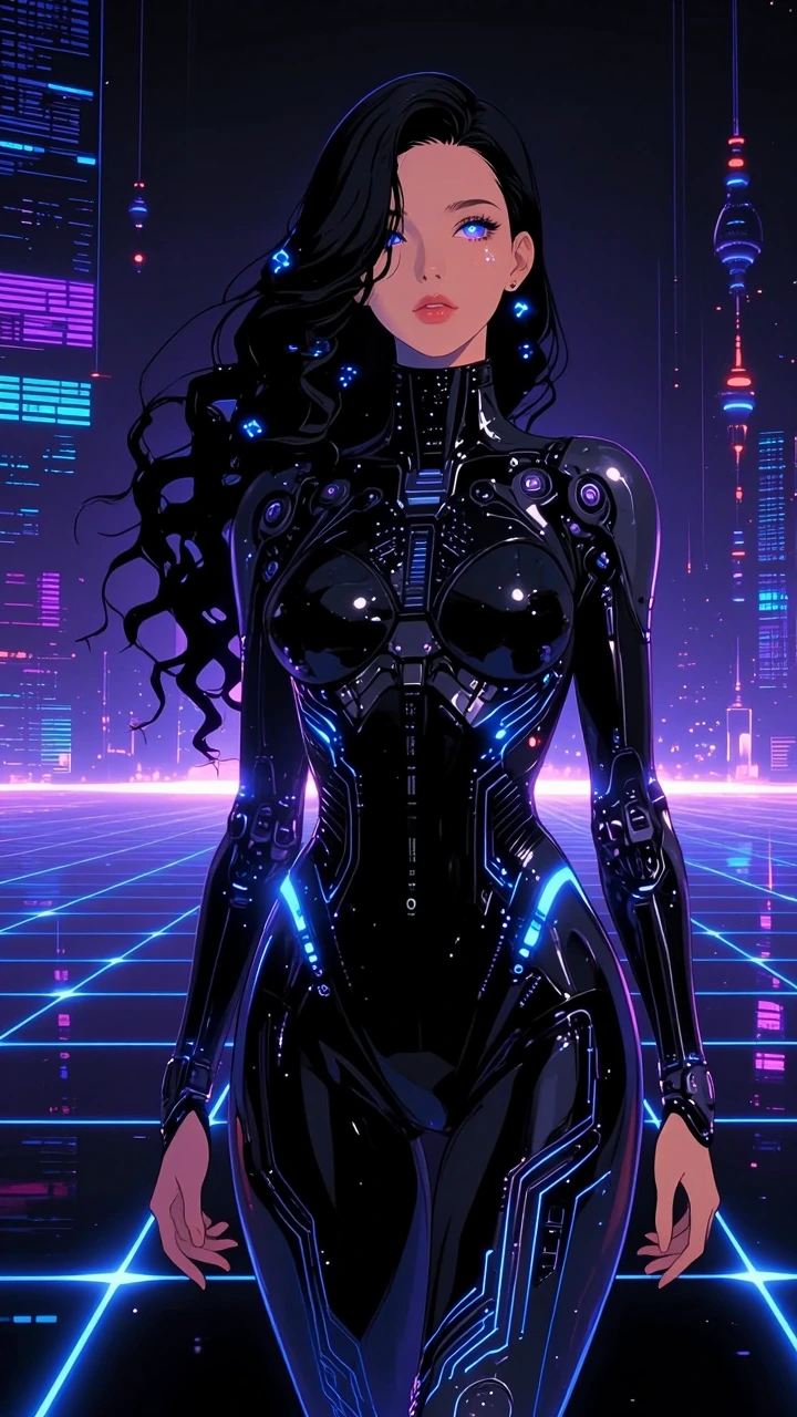 A cinematic still image of a futuristic cybernetic woman standing in a luminous cyberspace environment inspired by synthwave and neon grid aesthetics. Vertical portrait composition, upper-body to full-body framing, centered subject, slightly low eye-