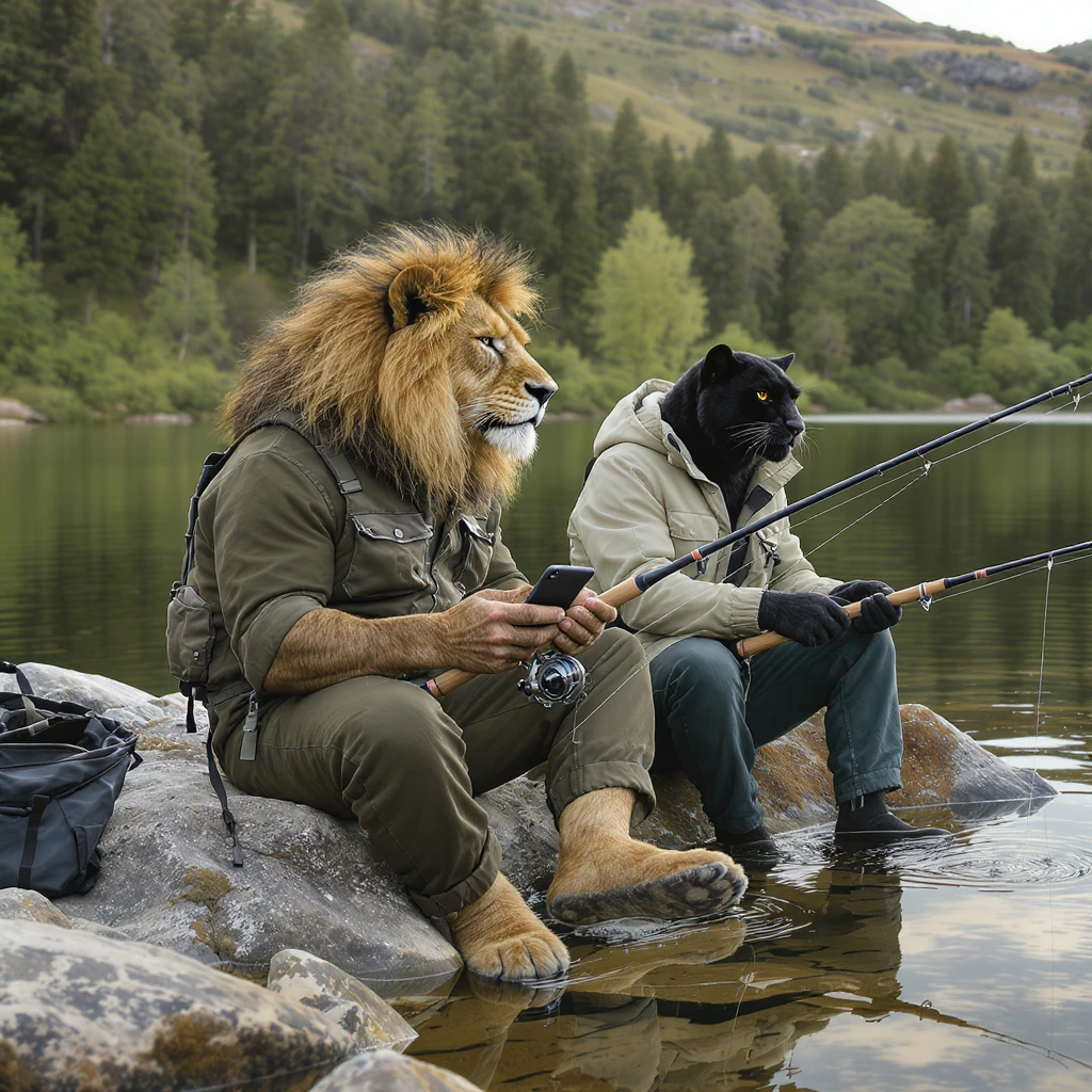 Creates an extremely detailed image of a tranquil lake landscape with rolling green hills in the background. Two anthropomorphic animals are fishing by the water's edge: a muscular lion with a striped face, wearing a dark green fishing outfit with ro