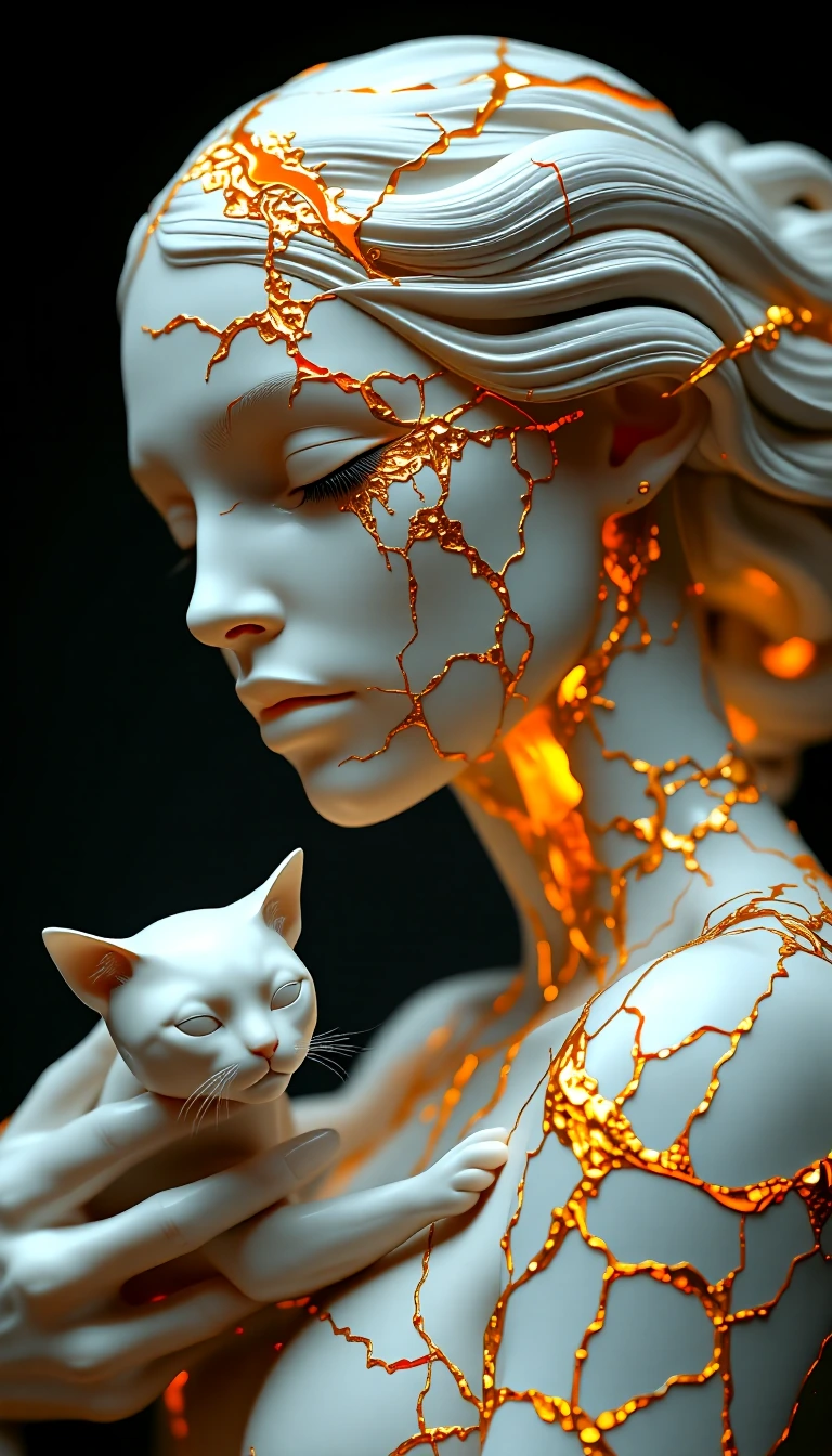 An ultra-high-resolution, macro-detail portrait of a feminine figure with her cat, who appears to be an exquisitely crafted, life-sized sculpture made of pristine, translucent white porcelain. The porcelain has the texture of fine, matte bone china,