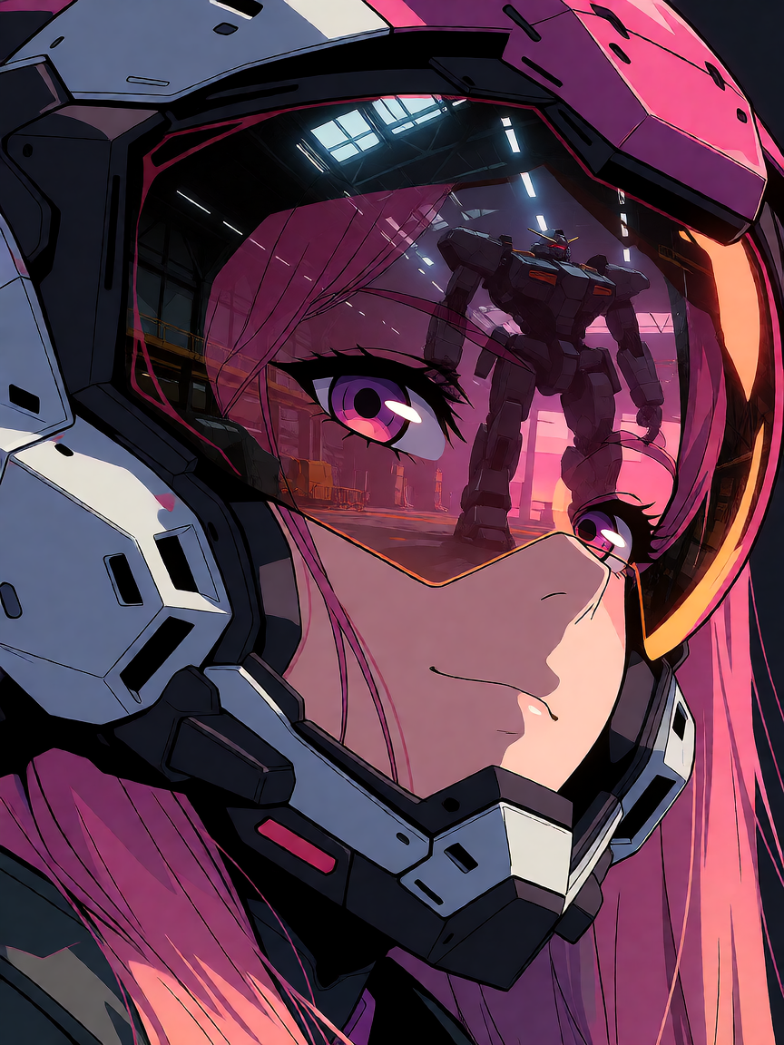 Create an extreme close-up cyberpunk mecha portrait focused almost entirely on the HEAD and HELMET of a beautiful young adult female pilot. The female