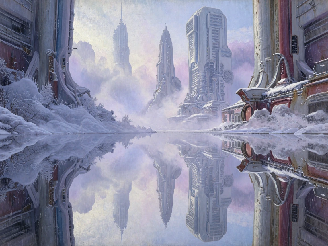 A classical renaissance oil painting, visible brushstrokes, chiaroscuro lighting, museum quality masterpiece. A symmetrical reflection composition, perfect mirror image on a calm surface of sprawling futuristic mega-city with towering skyscrapers and