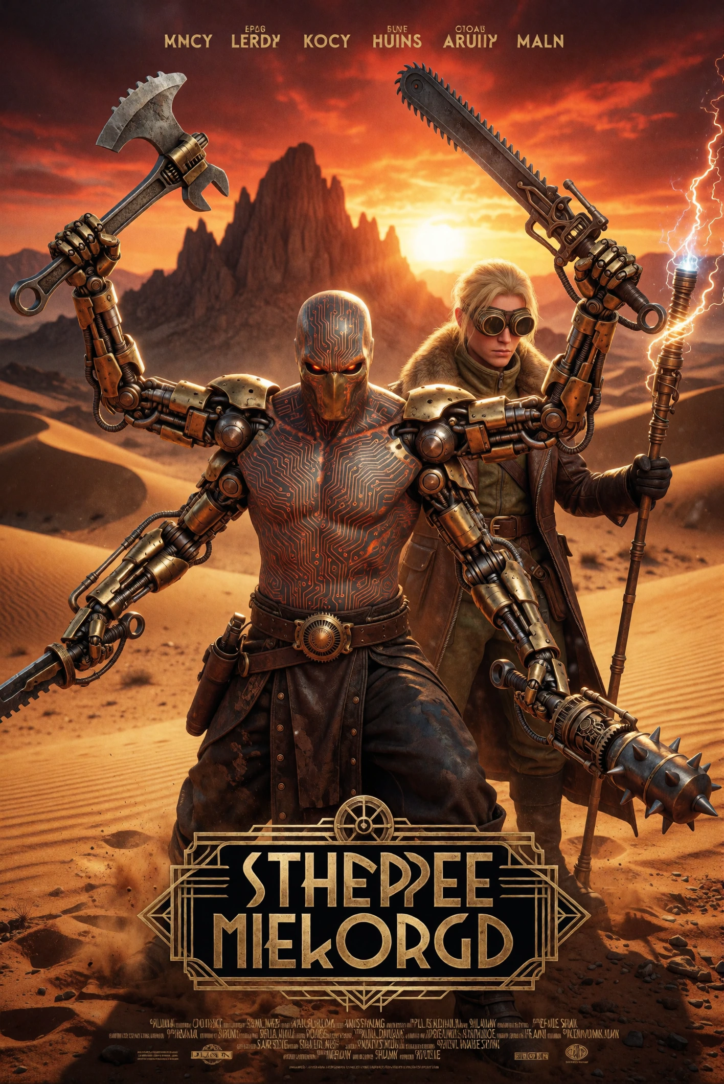 Steampunk movie poster: a fourarmed brassplated warlord in the foreground, mechanical limbs articulated with copper pistons and gears, each hand gripping a different weaponwrenchaxe, gearsaw sword, steampowered mace, serrated daggerbody covered in gl