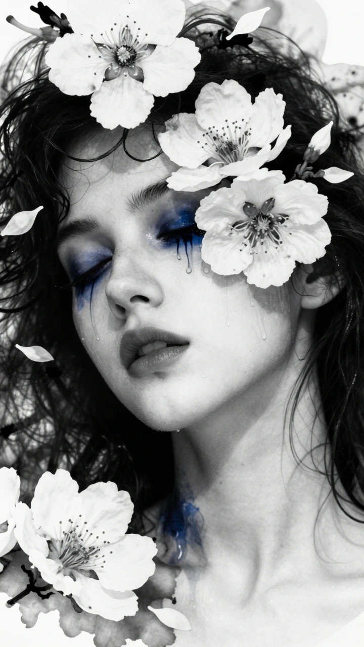 Ink blooms, crushing silence. White petals fall. Salmon life bleeds. Dark veins trace skin. Heavy bloom sways right. Ivory void holds breath. Wet drip slides down cheek. Collarbone pools dark blue. Sublime quiet rises. Weight presses inward tight. In