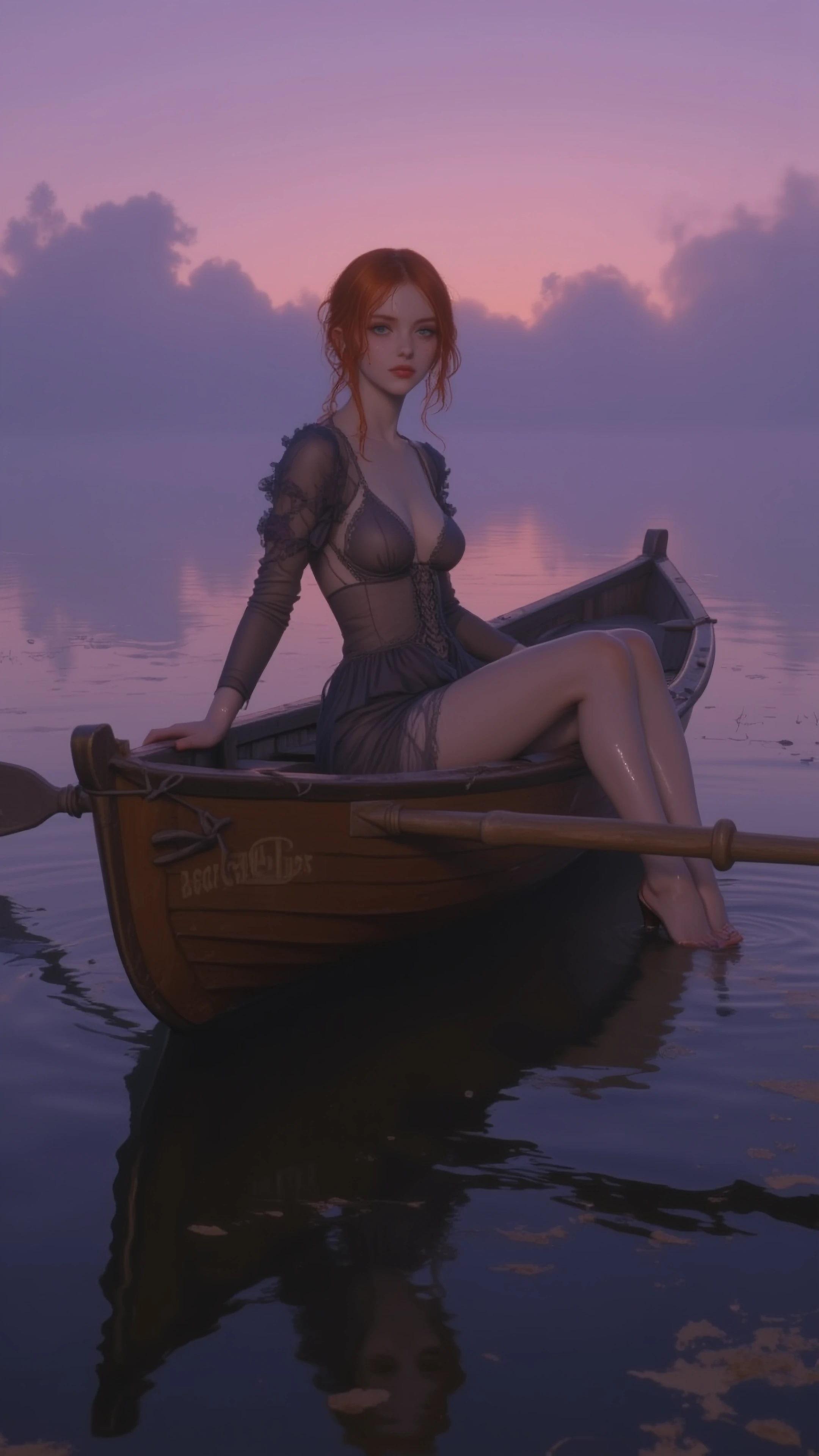 poetic cinematic twilight on misty lake, young adult redhead woman copper hair with golden highlights damp from mist, emerald eyes innocent espiègle gaze directly at viewer, subtle teasing smile, porcelain skin with freckles, reclining seductively at