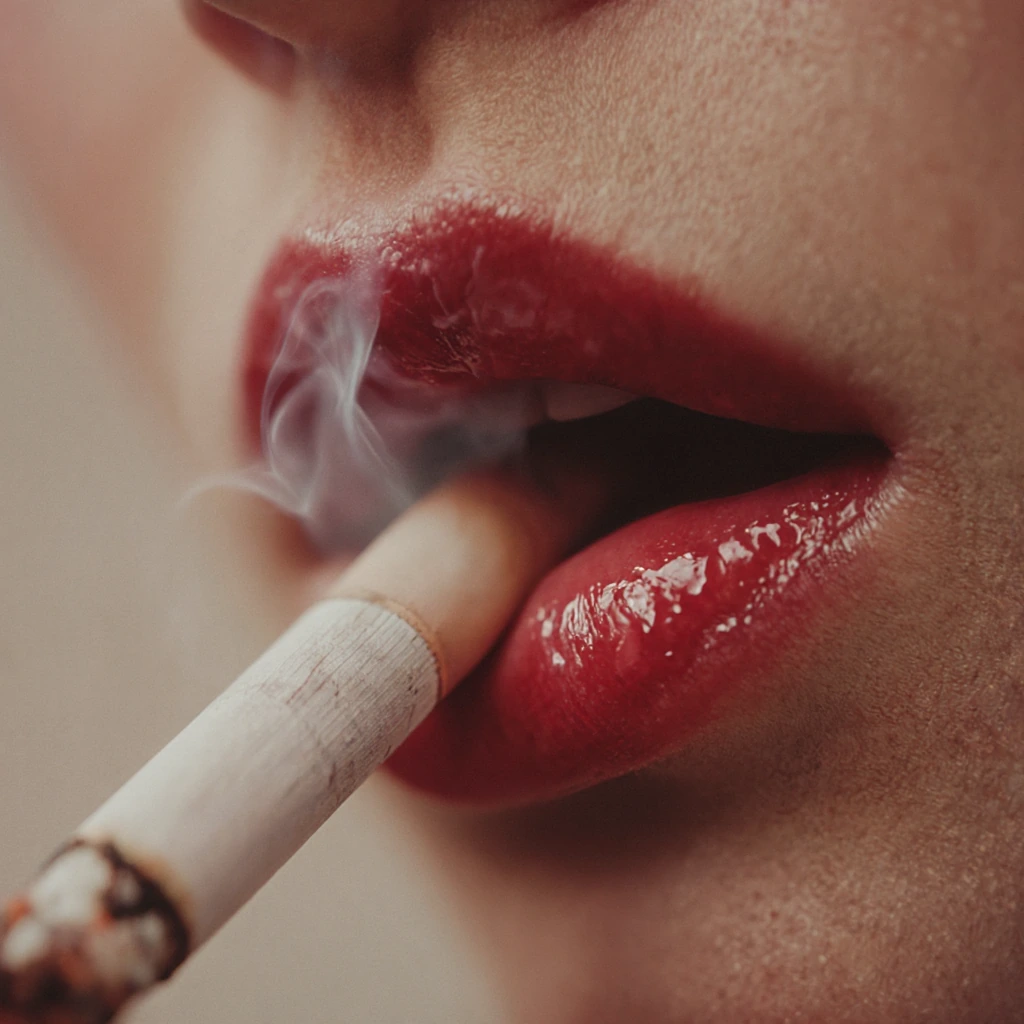 Extreme close-up macro shot of sculpted feminine lips wearing a mirror-glossy cherry red lip gloss, a slim unfiltered cigarette dangling effortlessly from the corner of the mouth, thin wisps of pale ivory smoke curling and drifting upward in soft laz