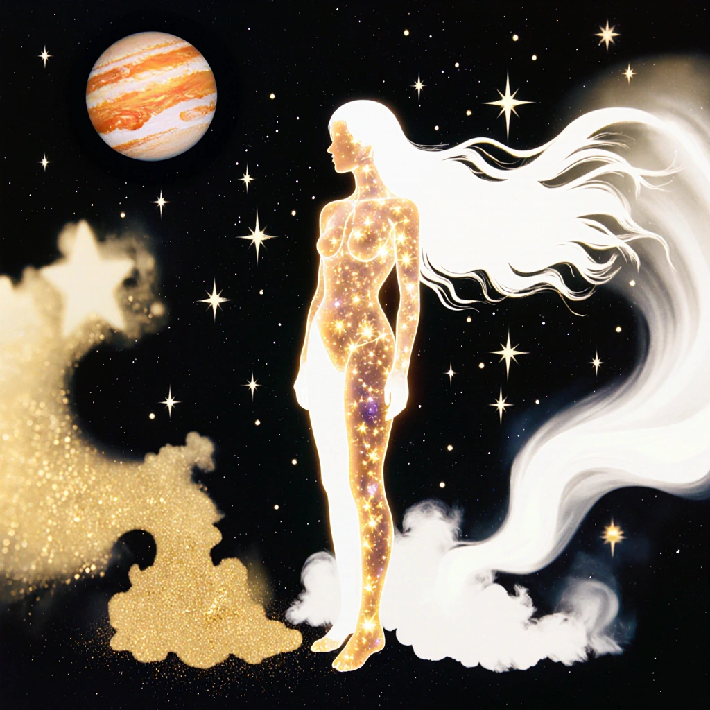 # Cosmic Silhouette A luminous figure stands against a starlit void, her form constructed entirely of golden light and stellar matter. Her silhouette 