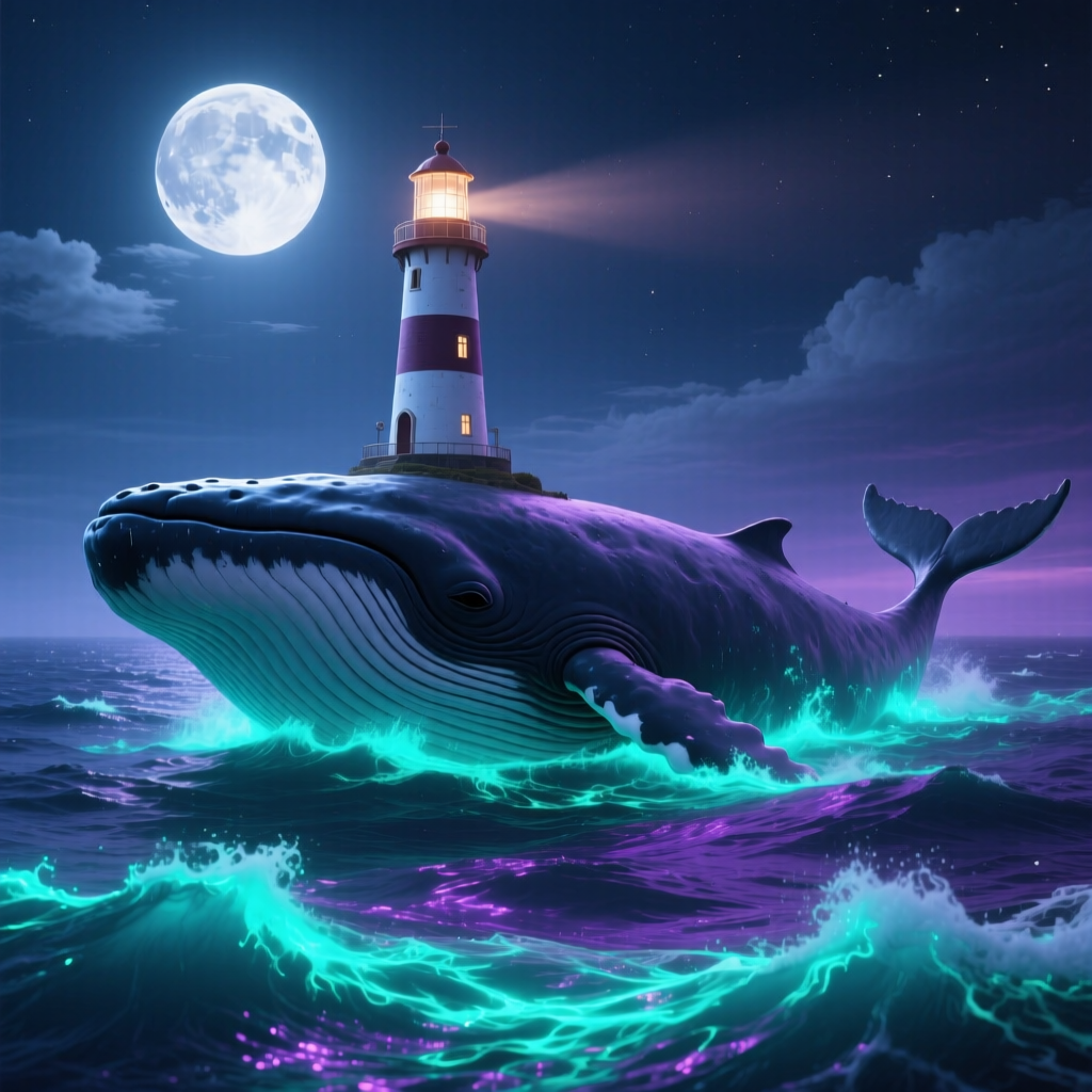 a lighthouse standing on the back of a colossal sleeping whale drifting across a moonlit ocean, bioluminescent waves glowing teal and violet, cinematic, highly detailed