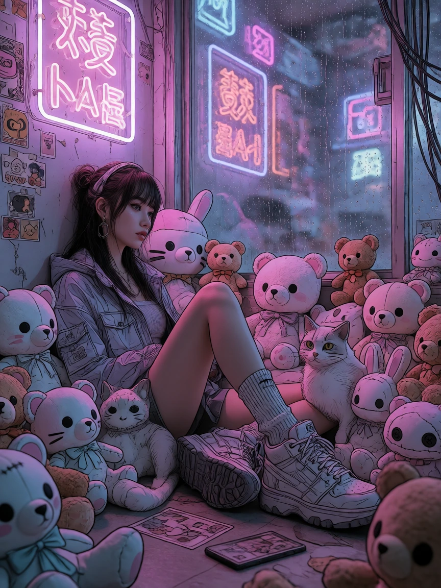 A cyberpunk portrait of a stylish woman sitting on the floor of a cramped neon-lit apartment with a sleek cat beside her, surrounded by a chaotic pile of cute original plush toys: teddy bears, pastel cats, bunny dolls, stitched moon creatures, soft m