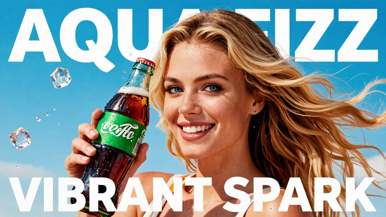 A professional, high-end 16:9 advertisement for a refreshing soda, cinematic wide aspect ratio, ultra-realistic and vibrant. In the foreground, a beautiful blonde woman with striking bright blue eyes, fresh natural makeup, glowing healthy skin, and l
