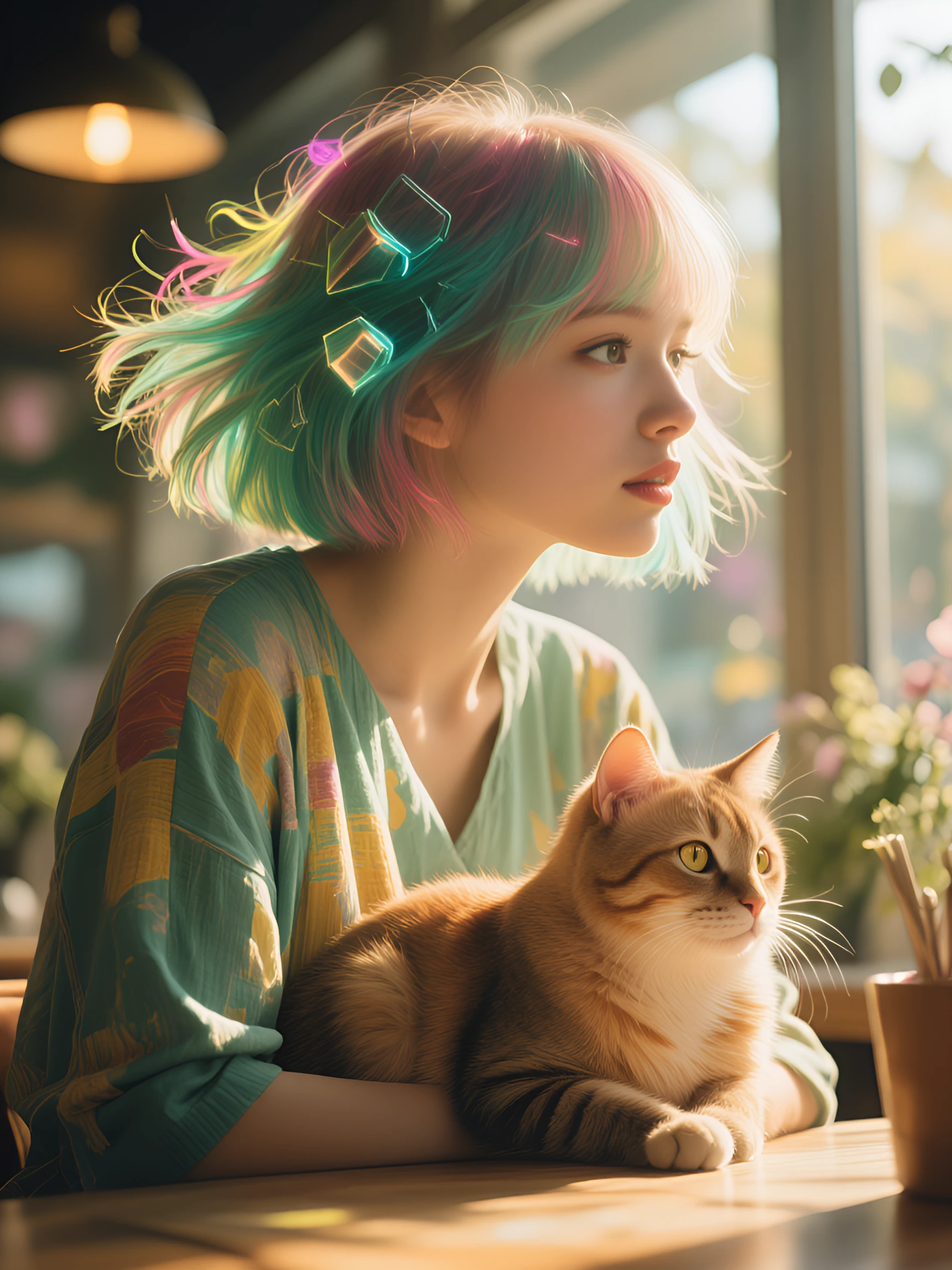 Beautiful woman and a cat at a café, dreamy surreal atmosphere, futuristic angled hairstyle and Oceancore hair color, photography and anime mixture