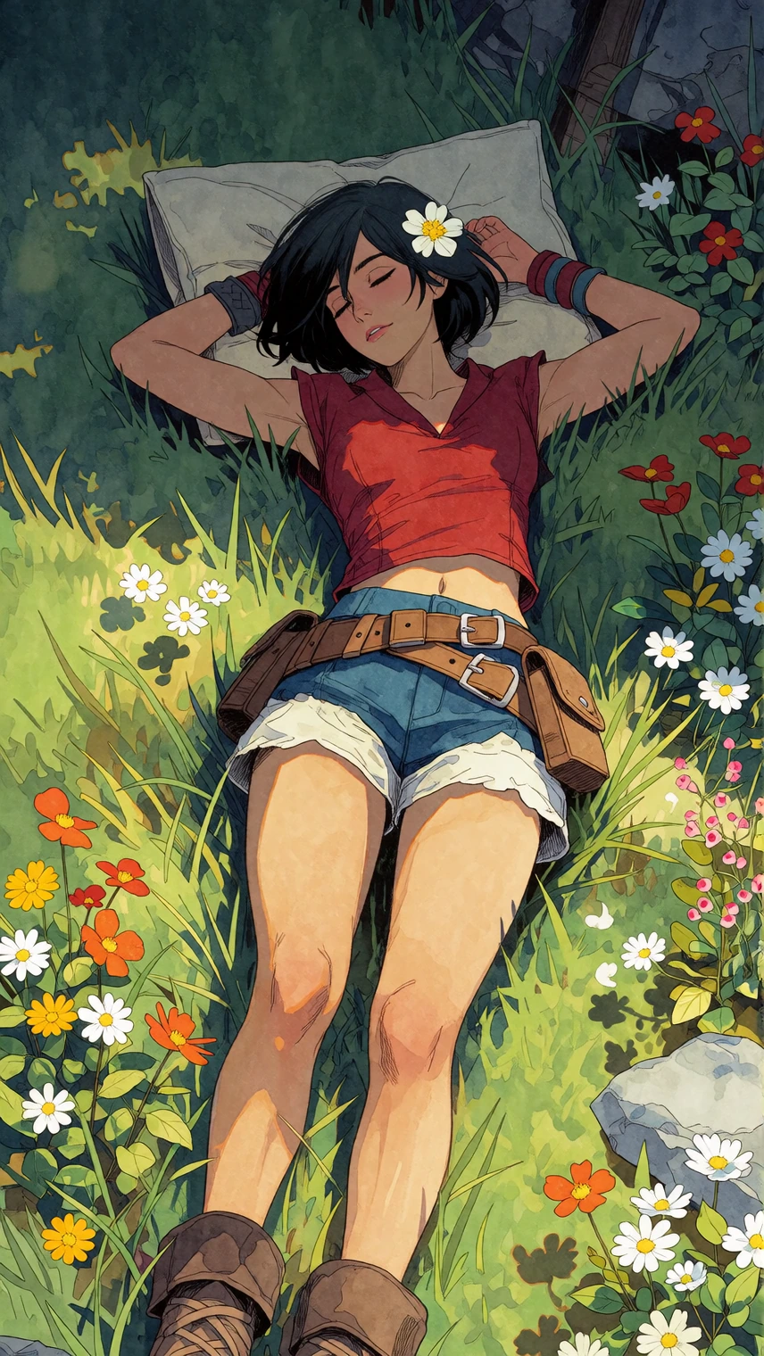 masterpiece, best quality, amazing quality, 1woman, solo, short hair, shirt, black hair, closed eyes, flower, outdoors, lying, shorts, sleeveless, bar