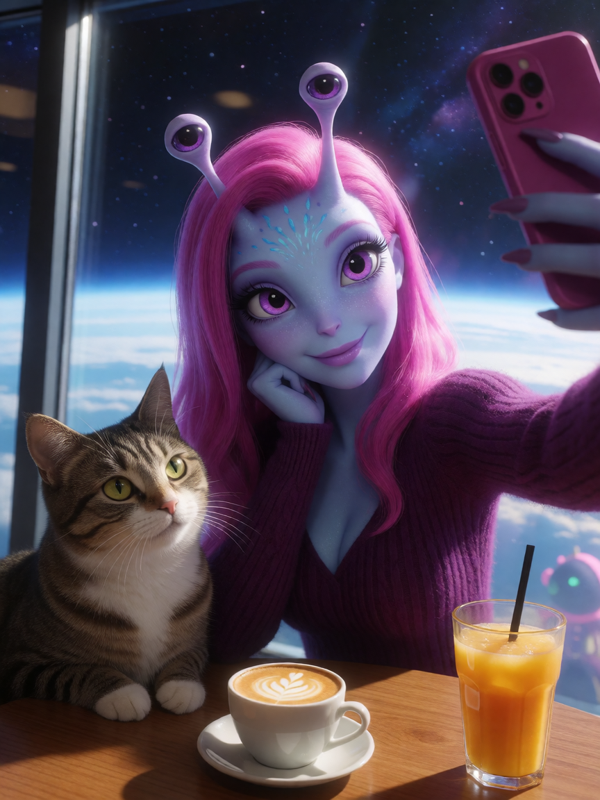aliencore, beautiful alien woman taking a selfie with her cat in a cafe in space. Gorgeous view