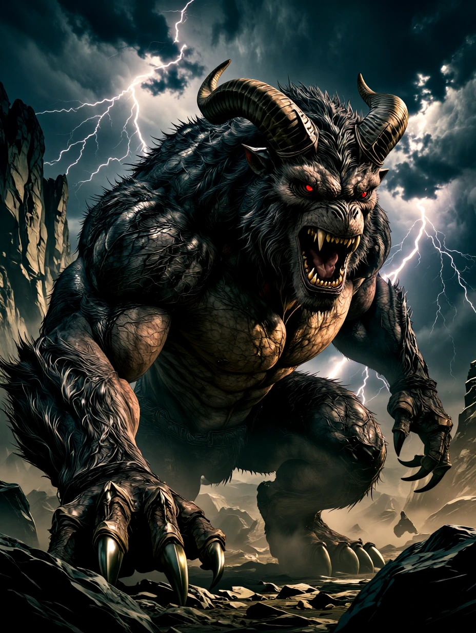 A large, dark-furred beast with two prominent horns, glowing red eyes, and sharp claws, standing in a menacing posture on rocky terrain under a stormy sky with lightning. Its muscular physique, wet fur, and bared teeth convey an aggressive and formid