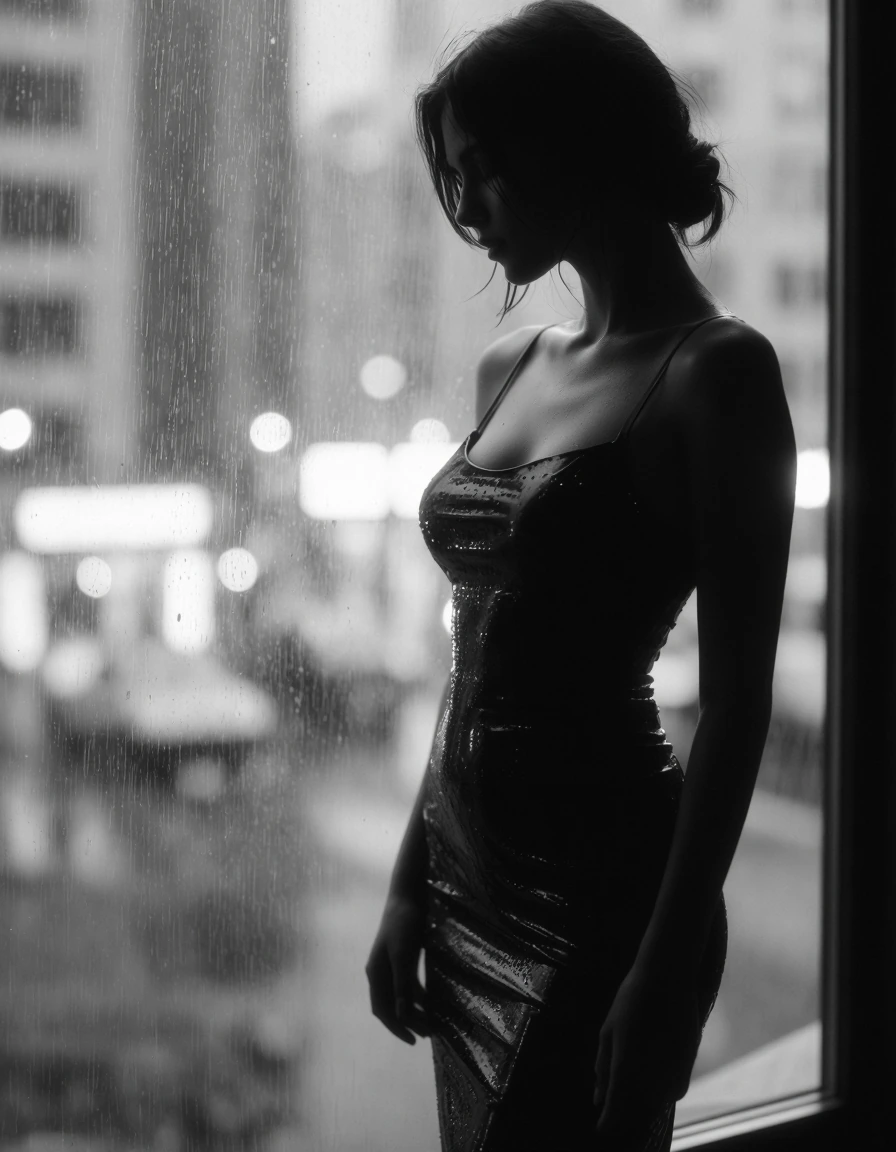The image presents a dramatic scene in a stylized black and white aesthetic, focusing on a figure in a form-fitting black dress that accentuates the curves and contours of the body. The subject stands near a window, framed by soft raindrops that casc